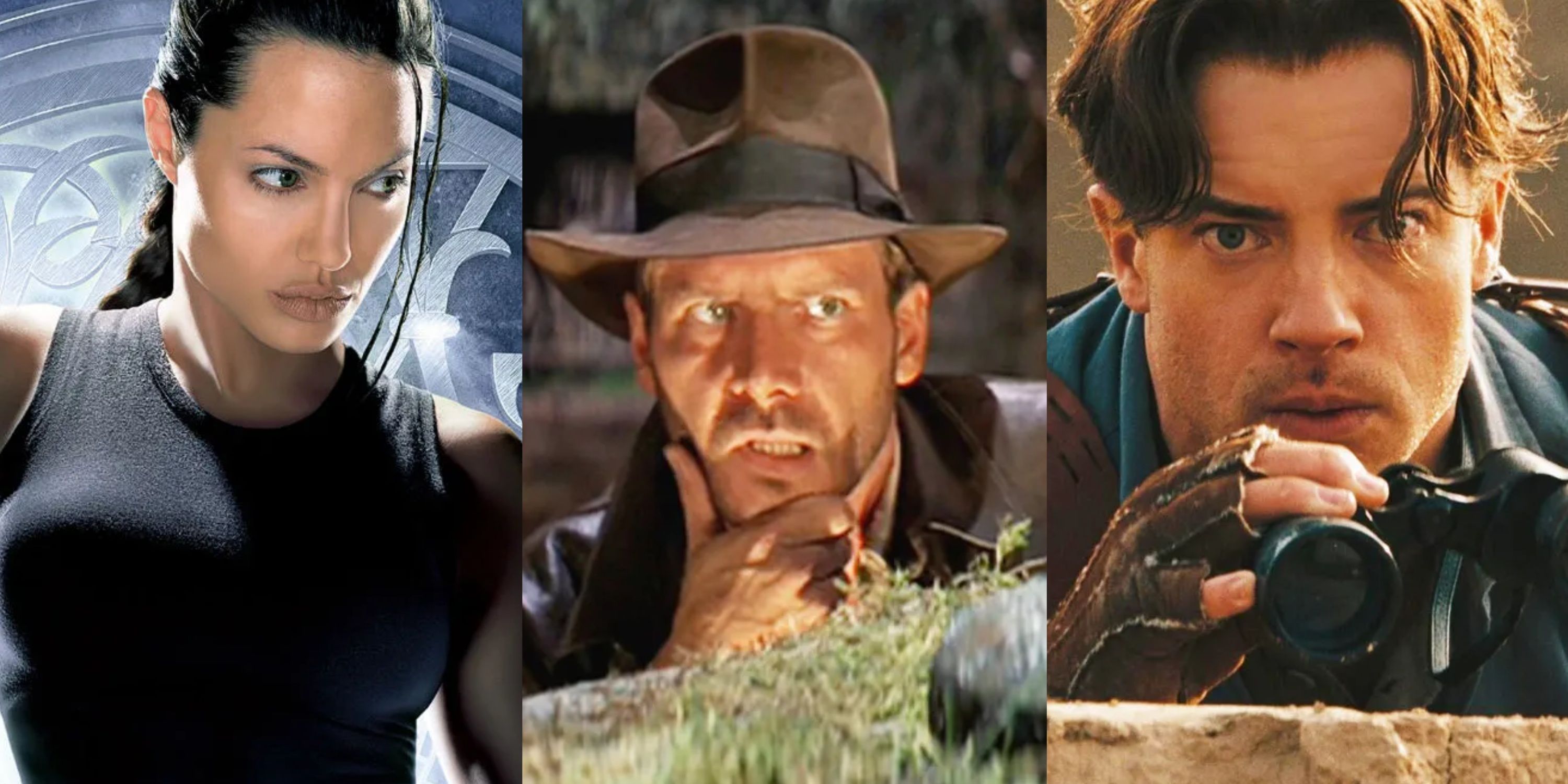Split image Lara Croft, Indiana Jones, Rick O'Connell