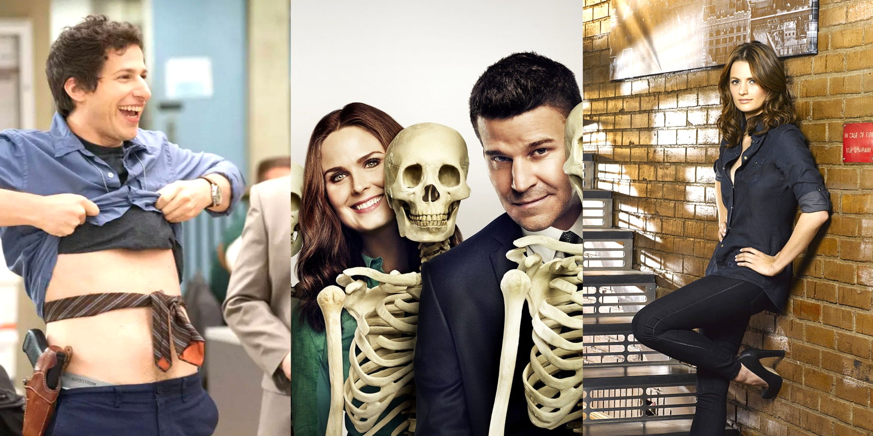Jake Peralta from Brooklyn Nine Nine, Booth and Brennan pose with skulls in Bones, Beckett poses in Castle.