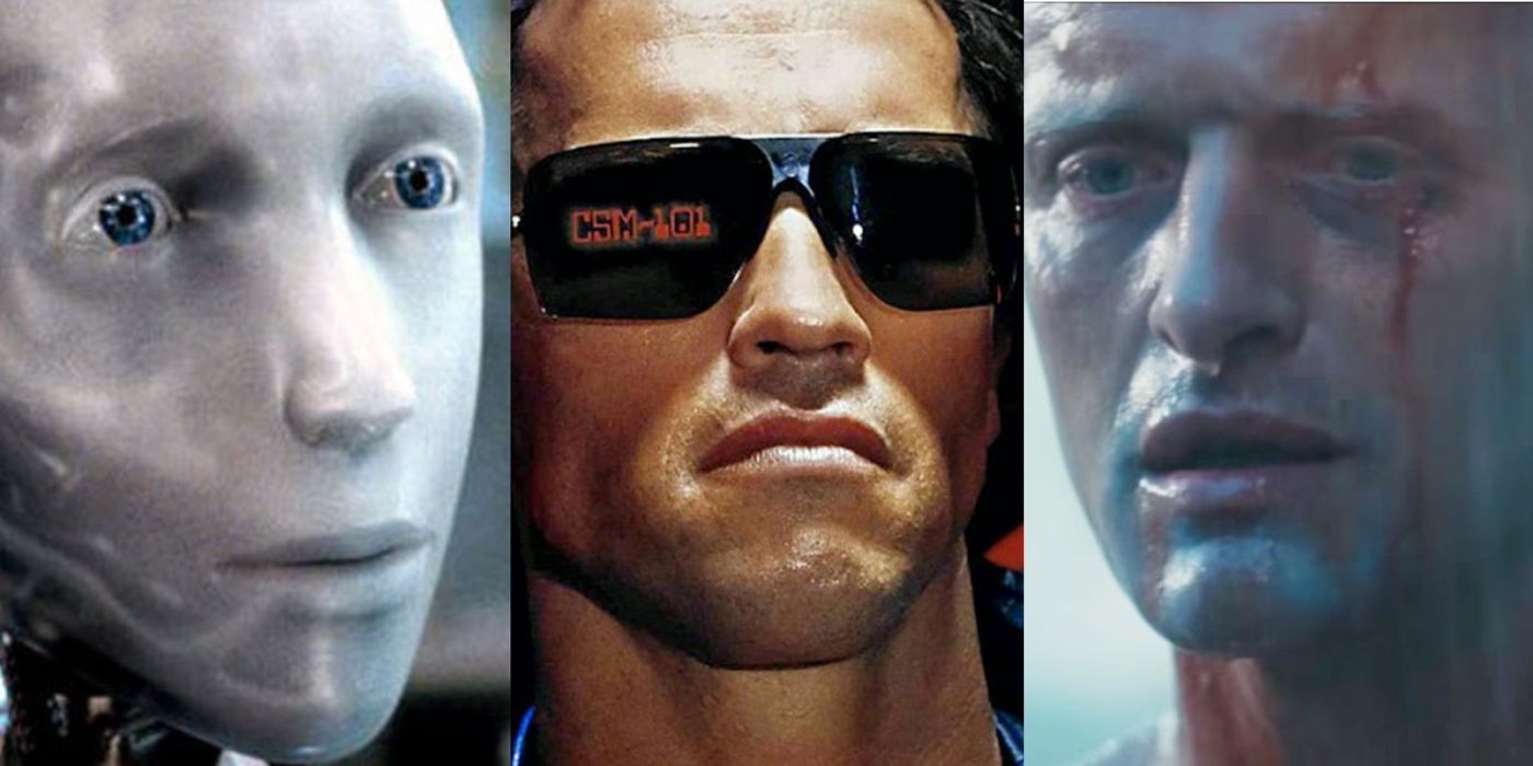 A split image of I, Robot, T-800 and Replicant