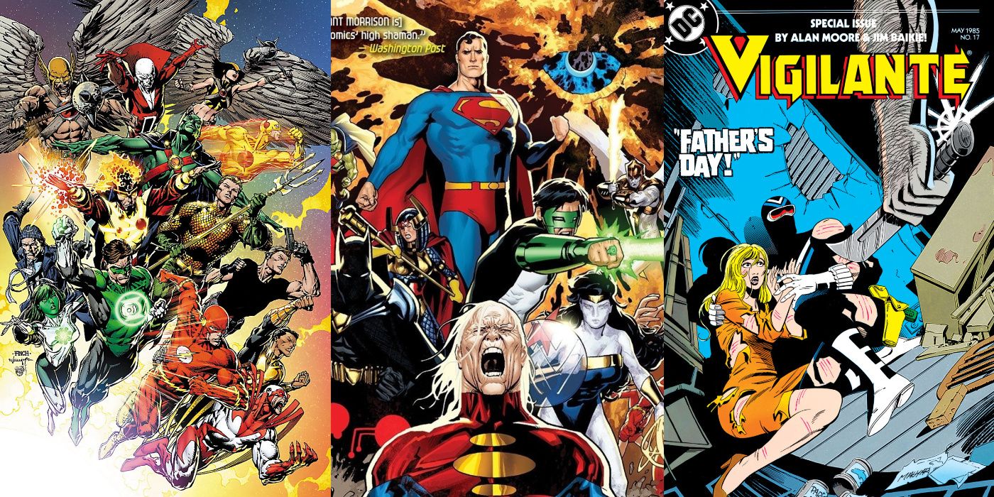 A split image of Brightest Day, DC One Million, and the cover to Alan Moore's two-part Vigilante story from DC Comics
