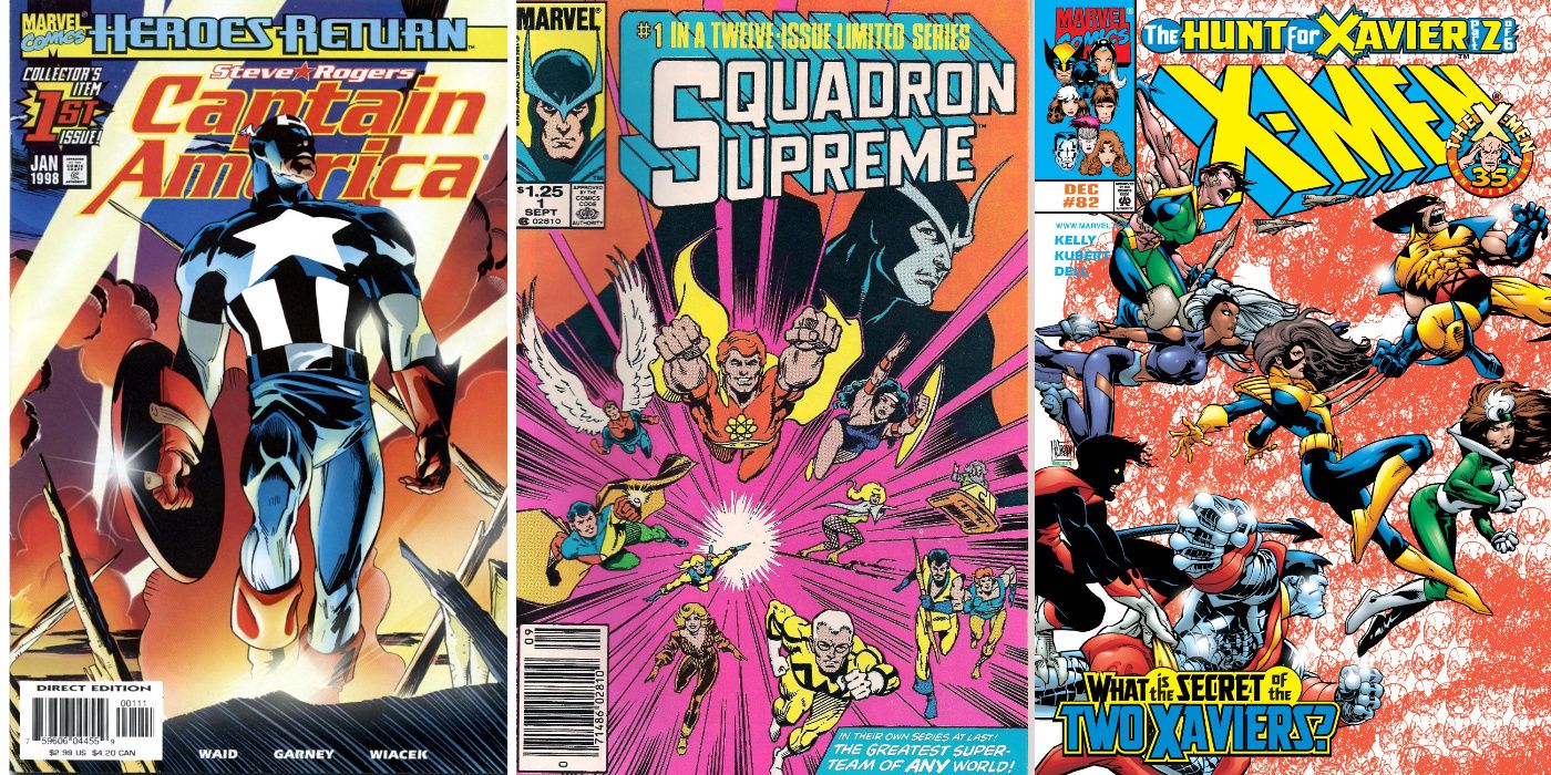 A split image of Captain America (Vol. 3) #1, Squadron Supreme, and X-Men: The Hunt For Xavier from Marvel Comics