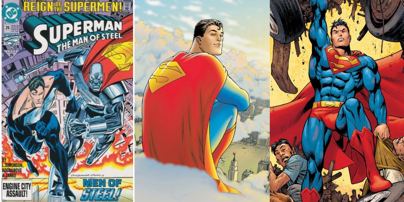 A split image of Superman: Man Of Steel, All-Star Superman, and Superman: Camelot Falls from DC Comics