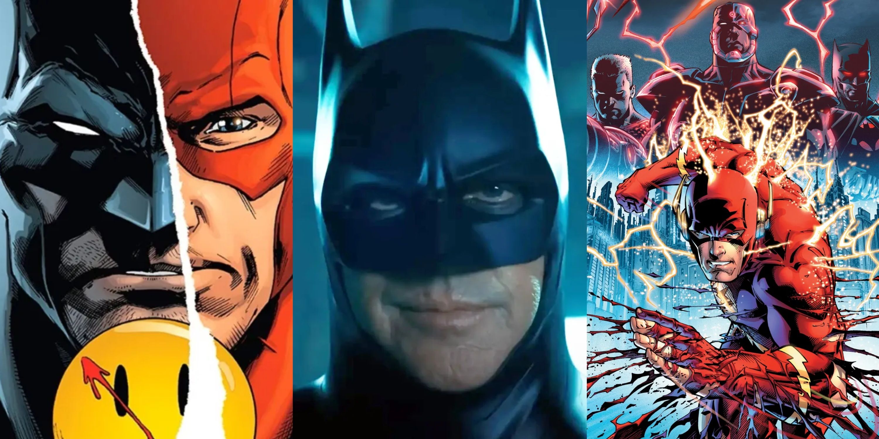 Split image Batman/Flash the Button, Michael Keaton as Batman, and Flashpoint comic cover with Flash's teared suit