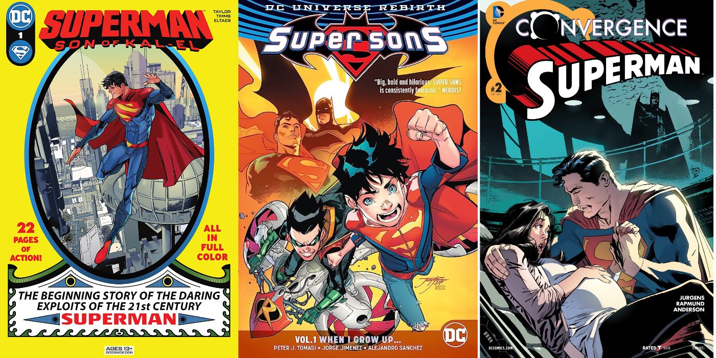 A split image of Superman: Son Of Kal-El #1, SuperSons Vol. 1: When I Grow Up, And Superman Convergence from DC Comics