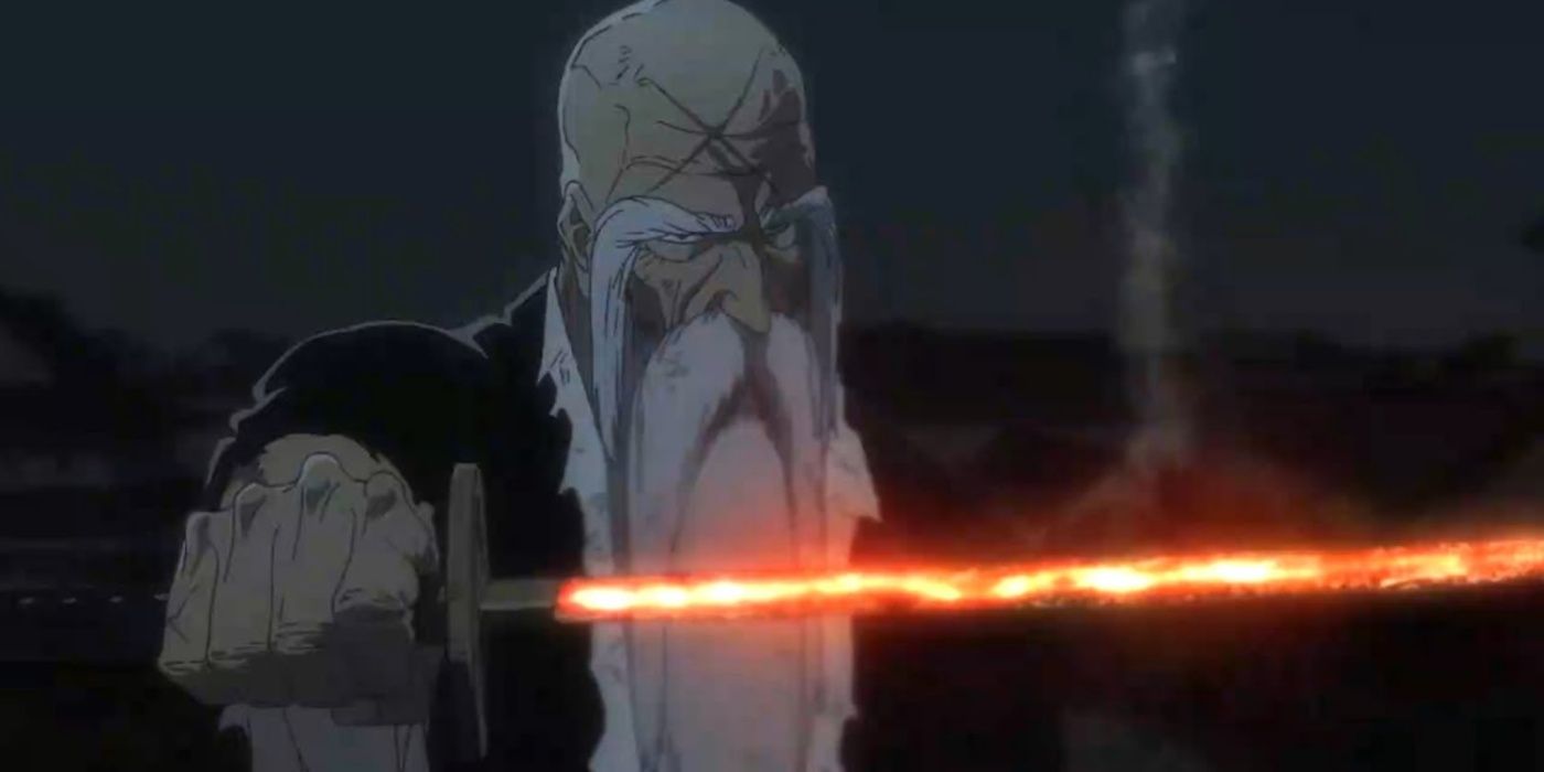 Capitão-Comandante Yamamoto ativa sua Bankai, uma espada ardente, em Bleach: Thousand-Year Blood War