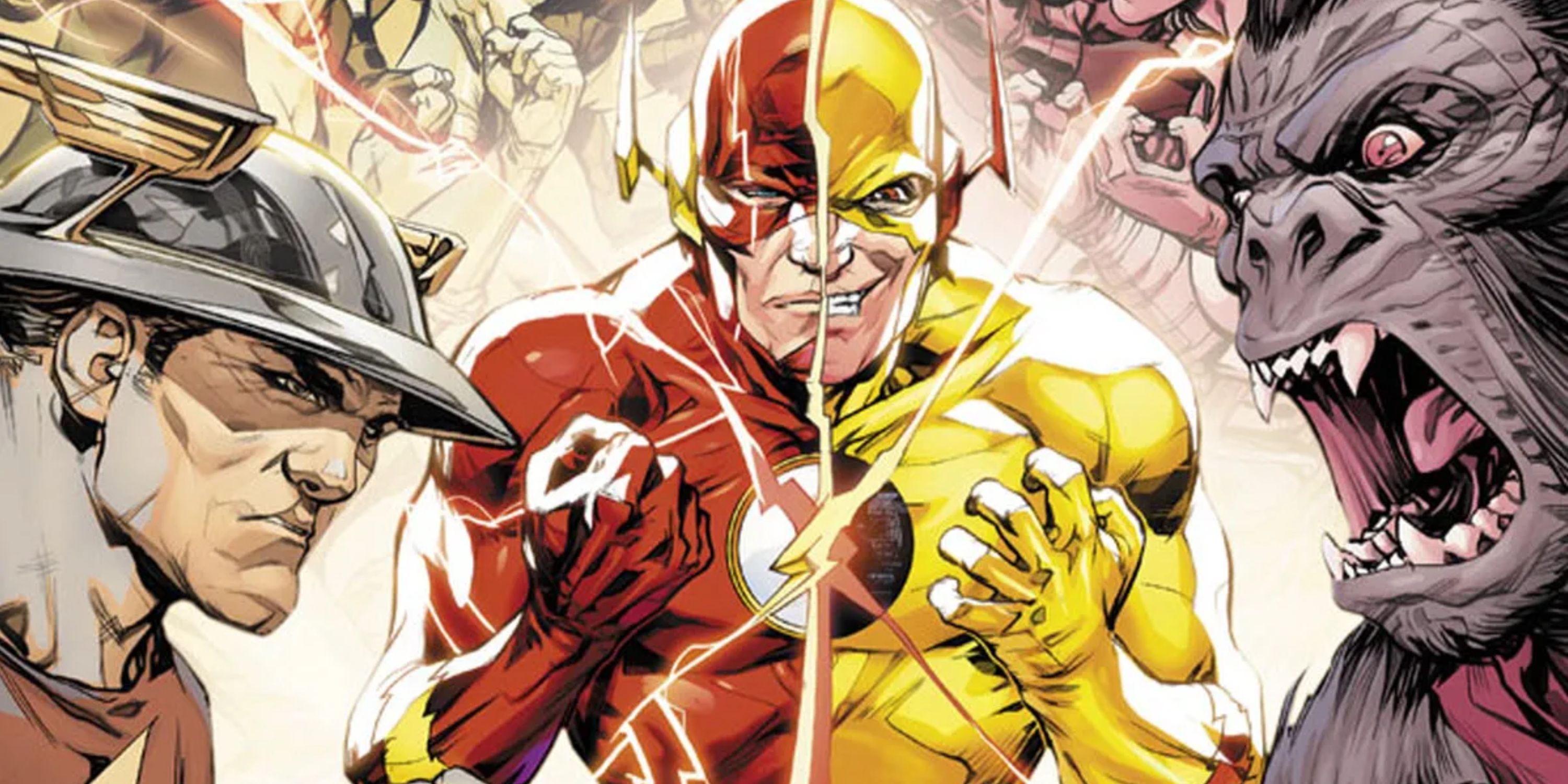 Golden Age Flash, Barry Allen, Reverse-Flash, and Grodd on a DC Comics cover