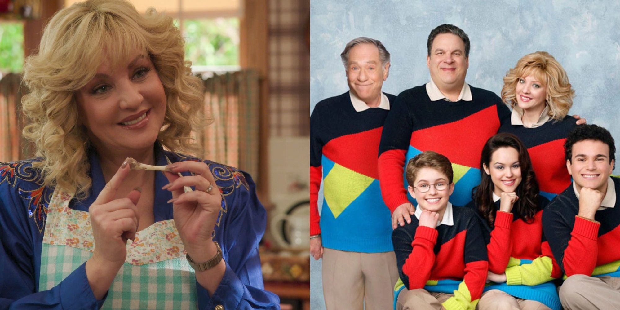 Beverly Goldberg holding a chicken bone smiling, The Goldbergs smiling in matching sweaters