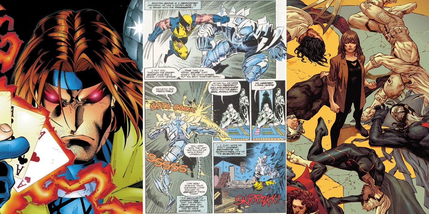 A split image of Gambit from Uncanny X-Men #350, Wolverine battling Shiva from Wolverine #50, and Moira MacTaggert standing over the fallen Quiet Council from Inferno #1 from Marvel Comics