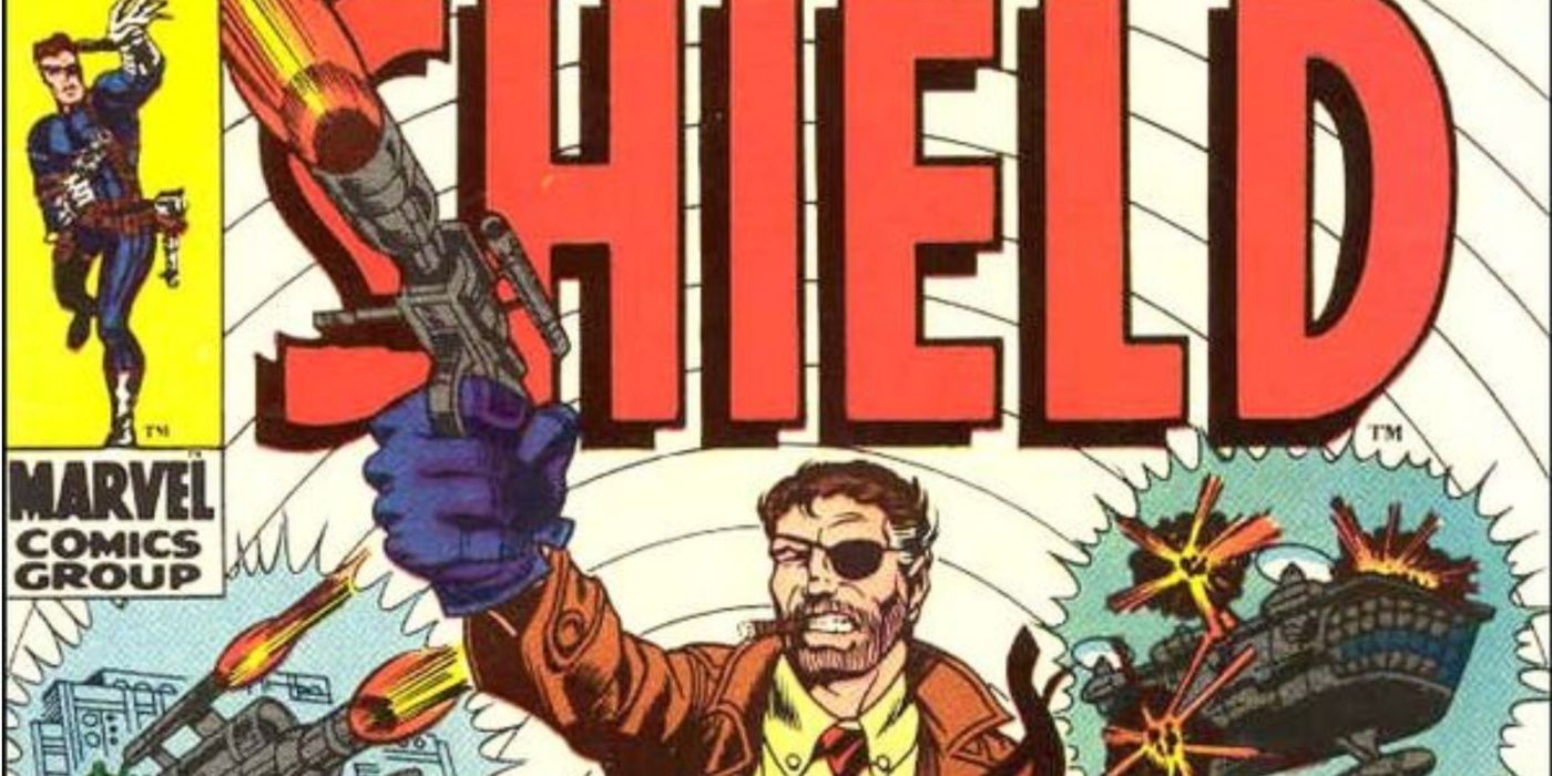 Nick Fury como líder do SHEILD nos quadrinhos da Marvel dos anos 1970 disparando uma arma