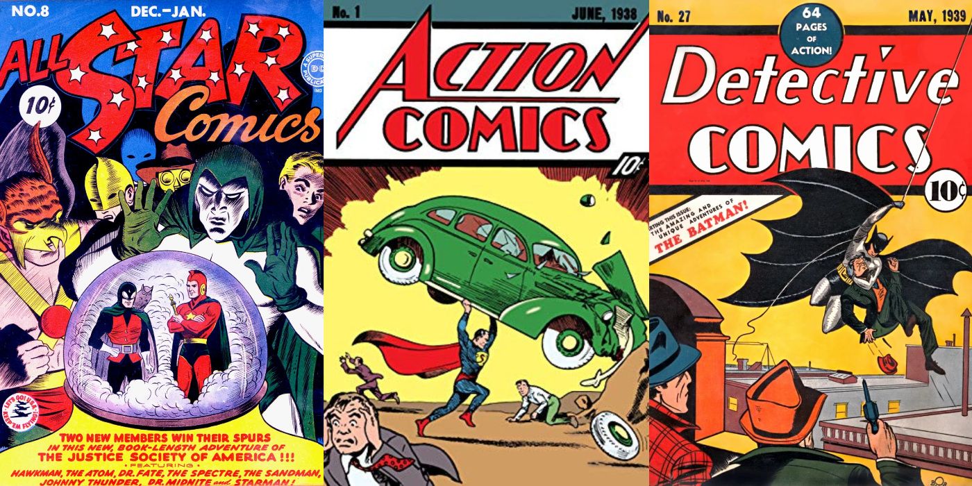 A split image of All-Star Comics #8, Action Comics #1, and Detective Comics #27 from DC Comics