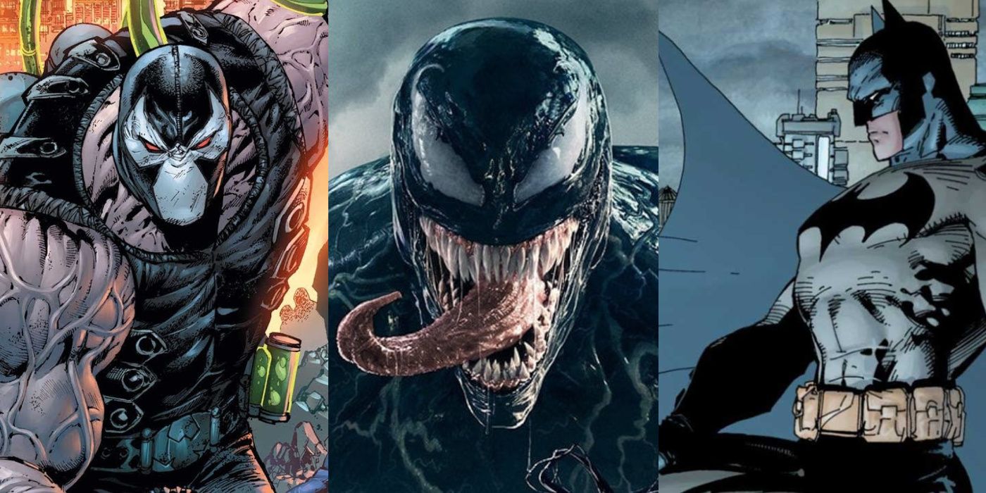 A split image of Bane, Venom from Marvel Comics, and Batman from DC Comics
