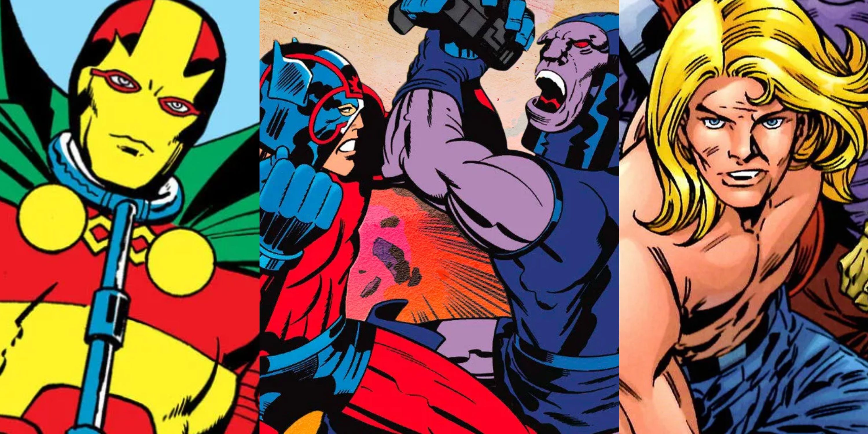 Split image Mister Miracle, Orion fights Darkseid, Kamandi