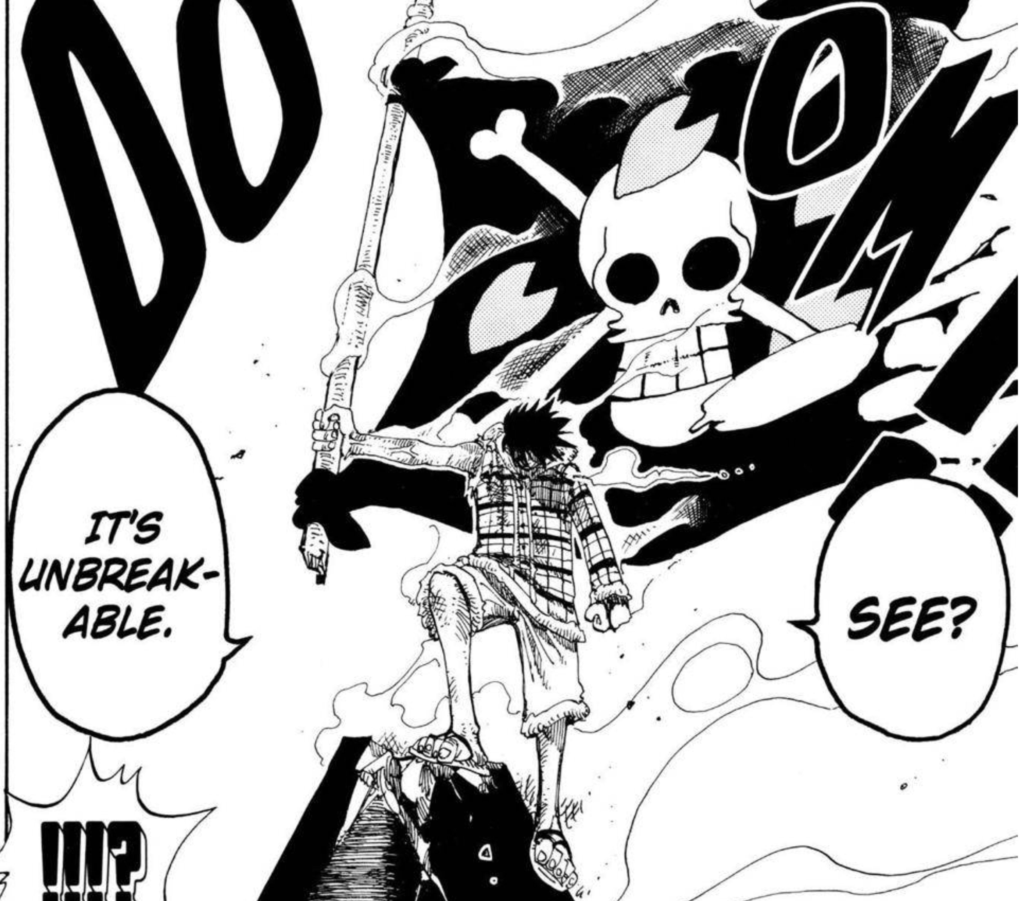 Monkey D. Luffy protects Dr. Hiriluk's flag from Wapol during the Drum Island Arc