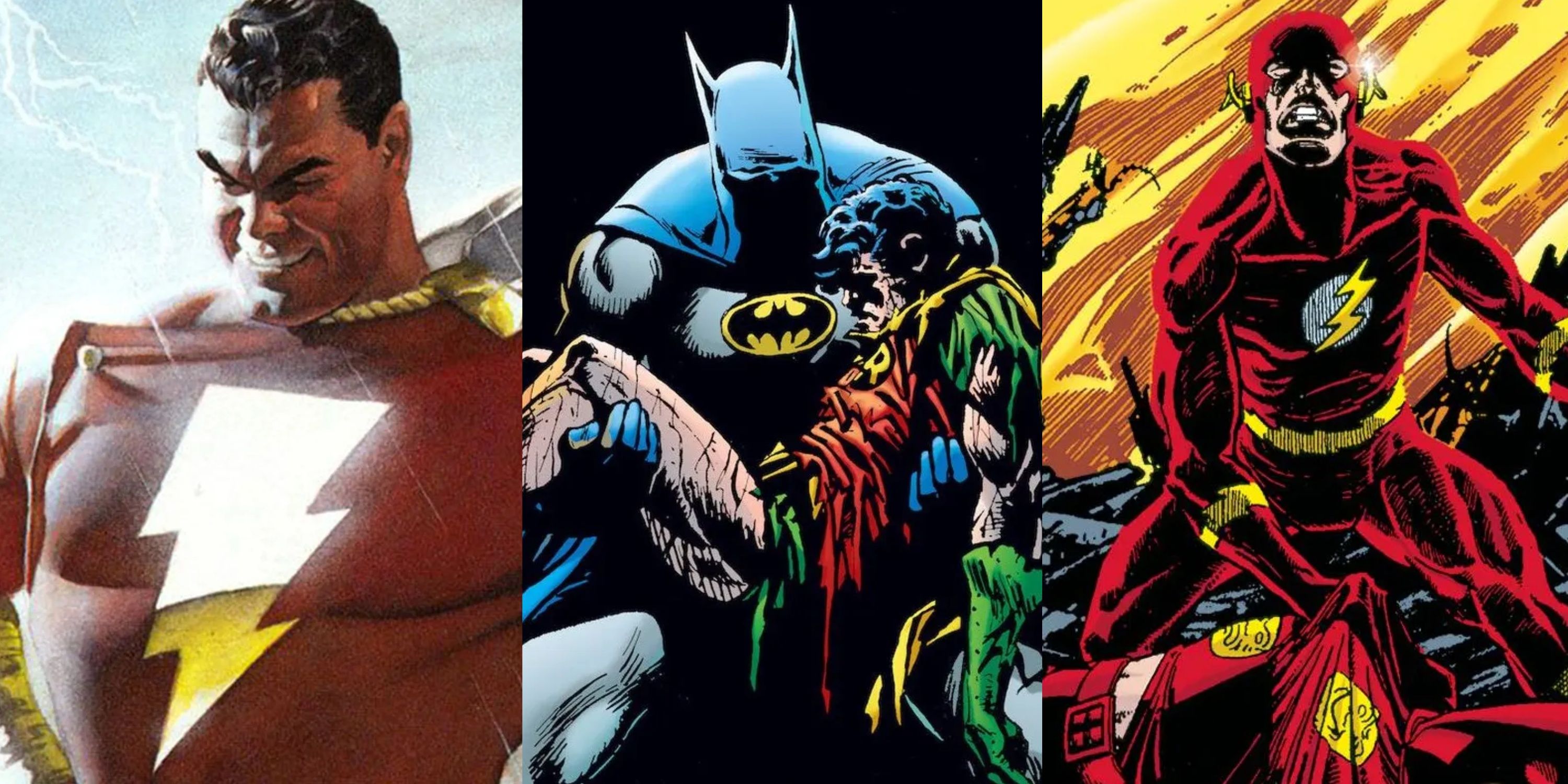 Split image Shazam in Kingdom Come, Death of Jason Todd, Barry Allen Flash