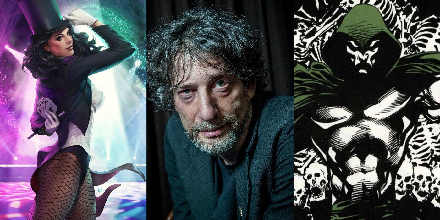 A split image of Zatanna, Neil Gaiman, and the Spectre from DC Comics