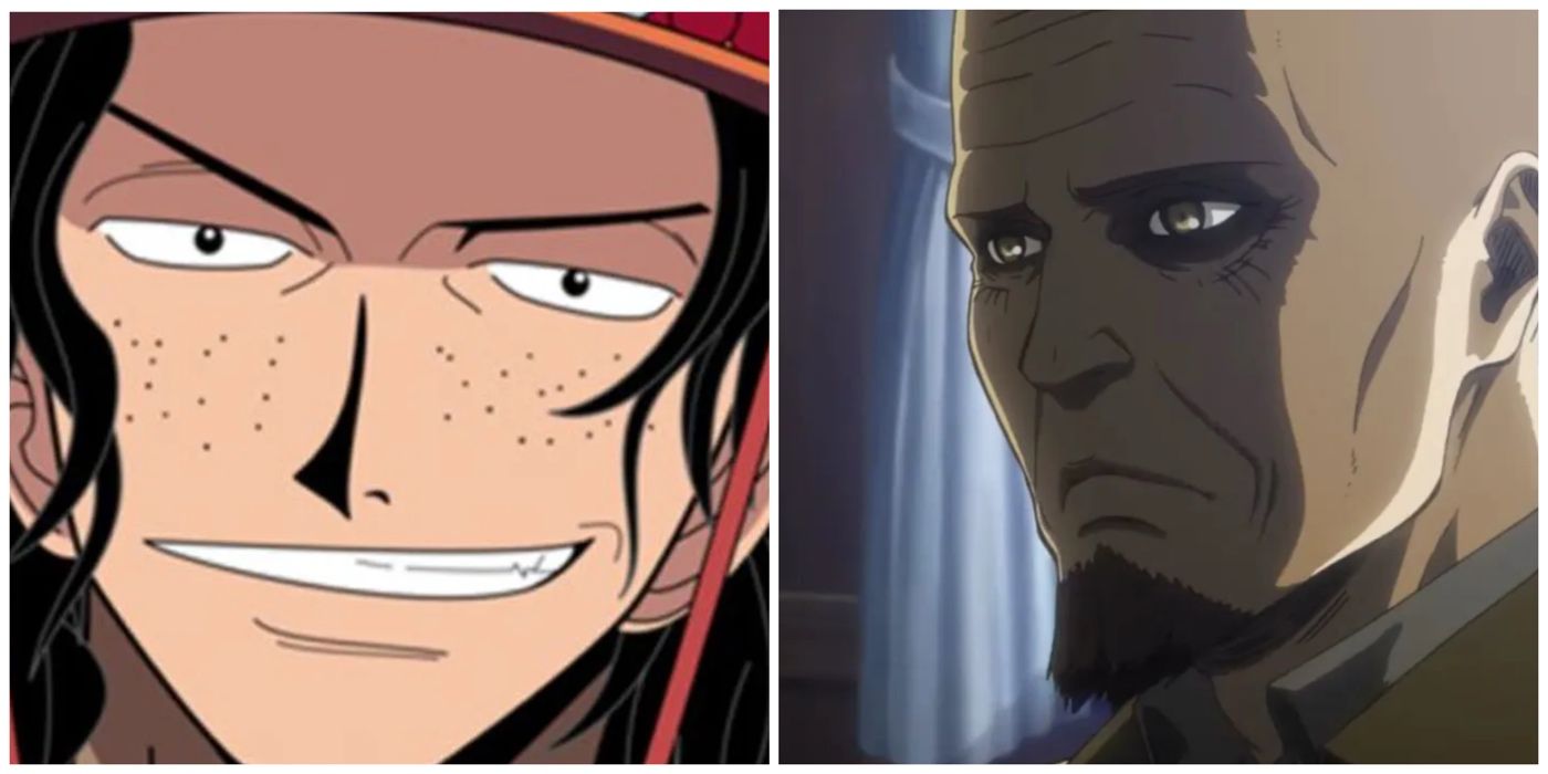 Ace from One Piece, Shadis from Attack on Titan split image