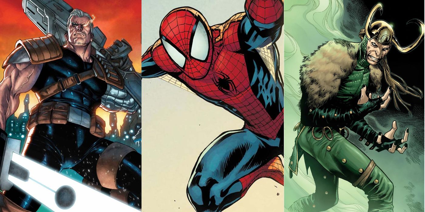 A split image of Cable, Spider-Man, and Loki from Marvel Comics