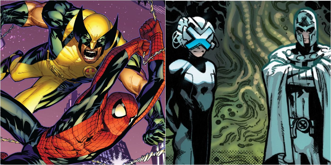 A split image of Spider-Man and Wolverine and Professor Xavier and Magneto from Marvel Comics