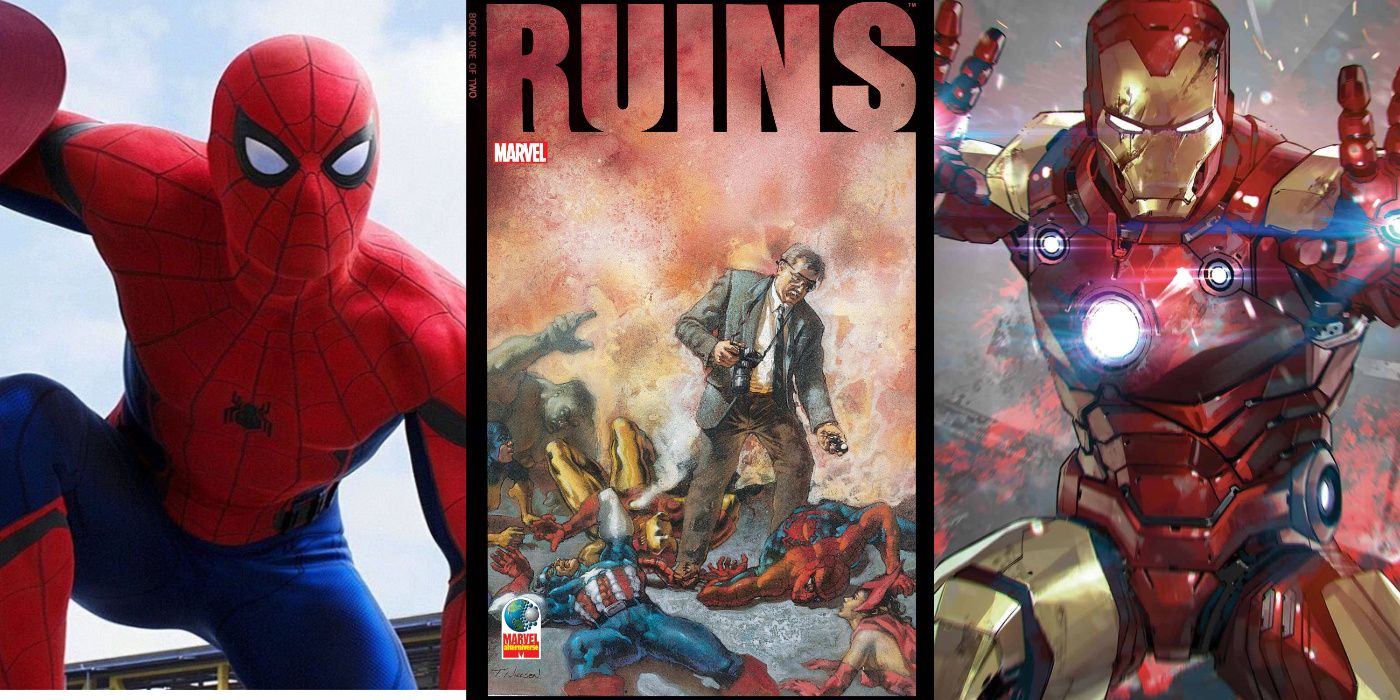A split image of Spider-Man, the cover to Marvel Ruins, and Iron Man from Marvel Comics