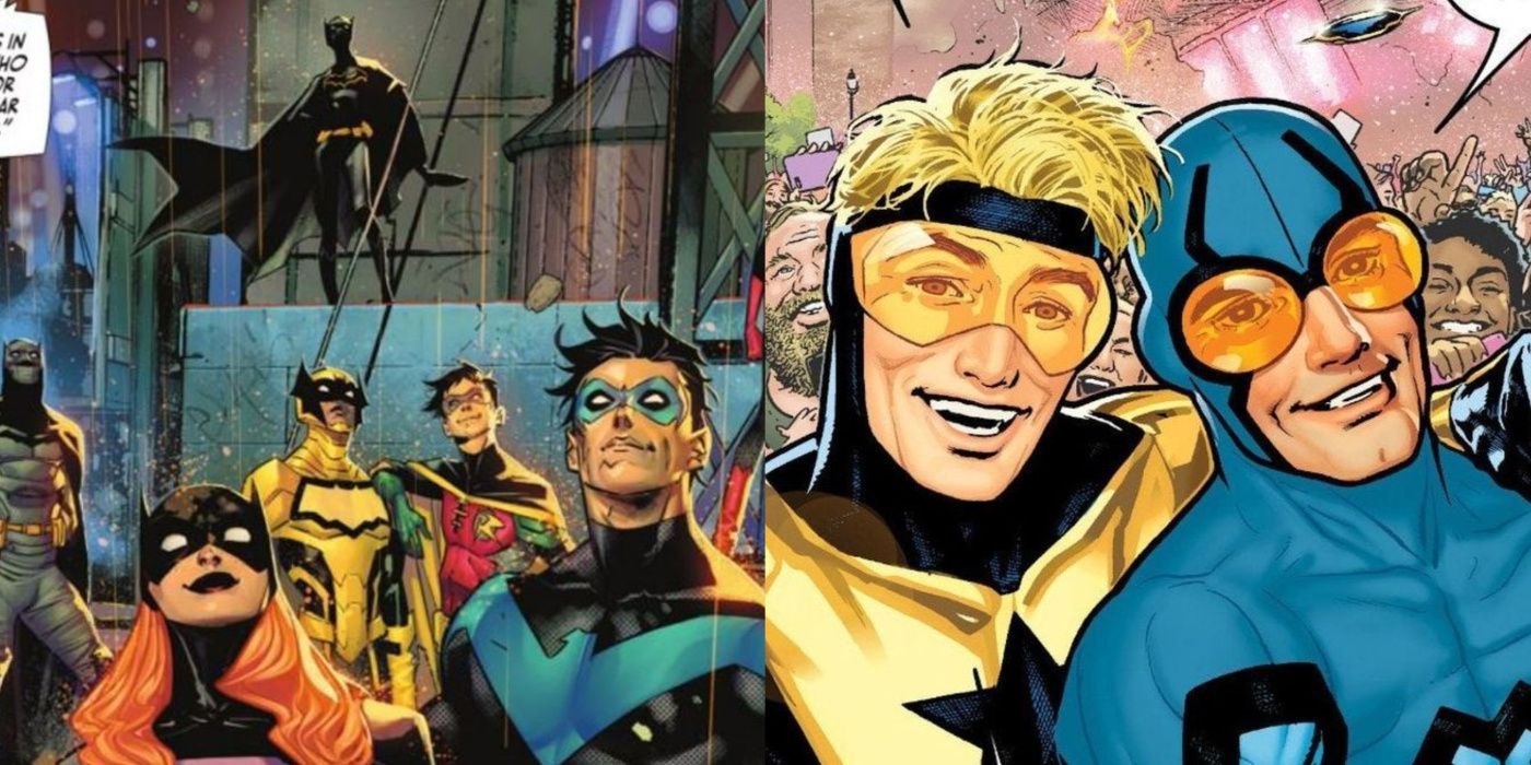 A split image of the Bat-Family - Nightwing, Barbara Gordon, the Signal, Tim Drake, Jace Fox Batman, and Batgirl - and Booster Gold and Blue Beetle from DC Comics