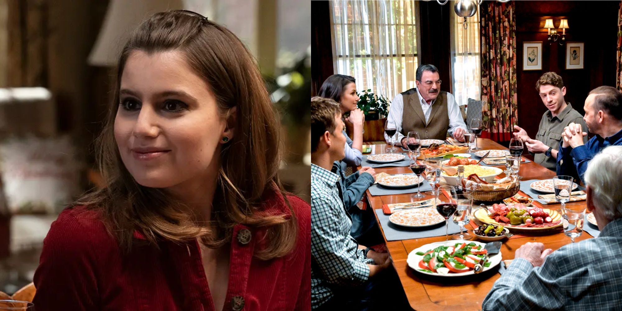 Split Image of Nicky in a red coat on Blue Bloods and the Reagans sitting around the dinner table