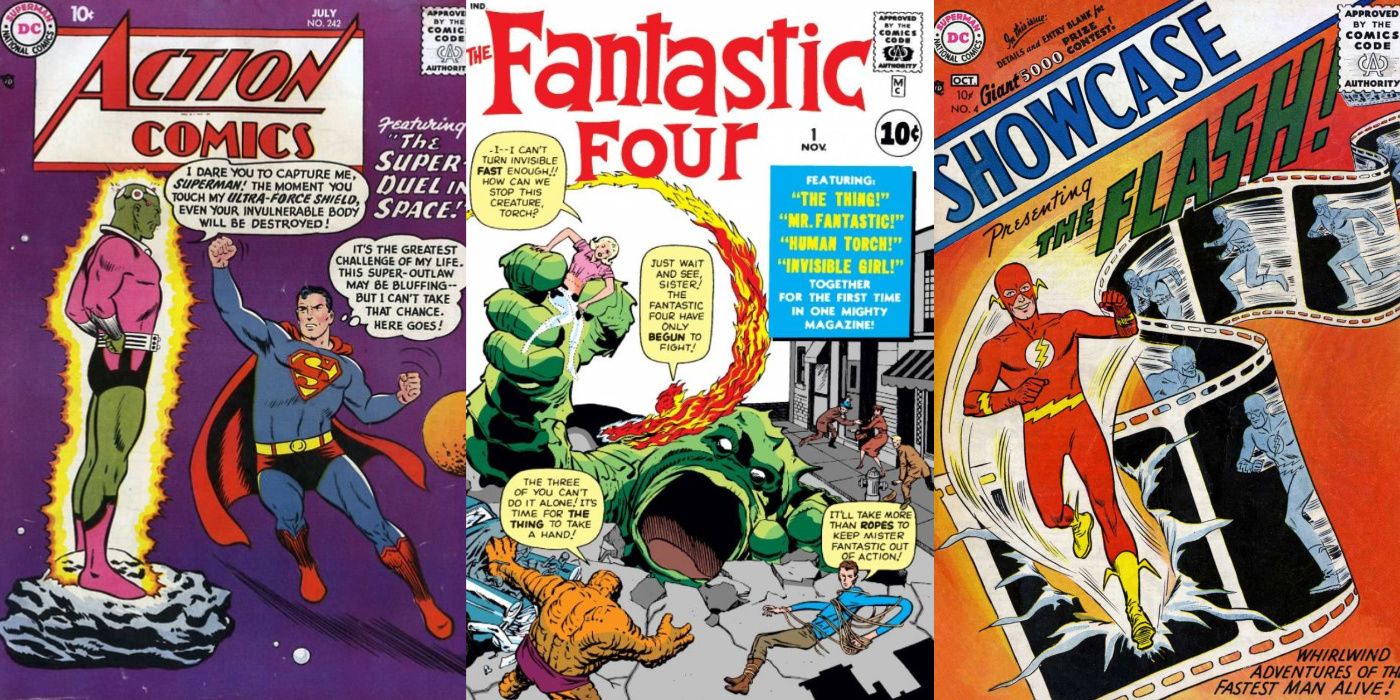 A split image of Action Comics' first appearance of Brainiac, Fantastic Four #1, and Showcase #4 from DC and Marvel's Silver Age