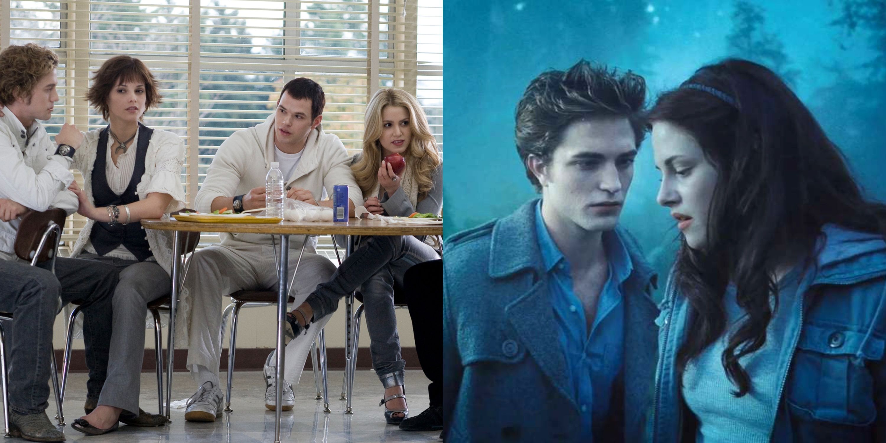 Split image of the Cullens at the cafeteria table, and Edward and Bella in the woods in Twilight.