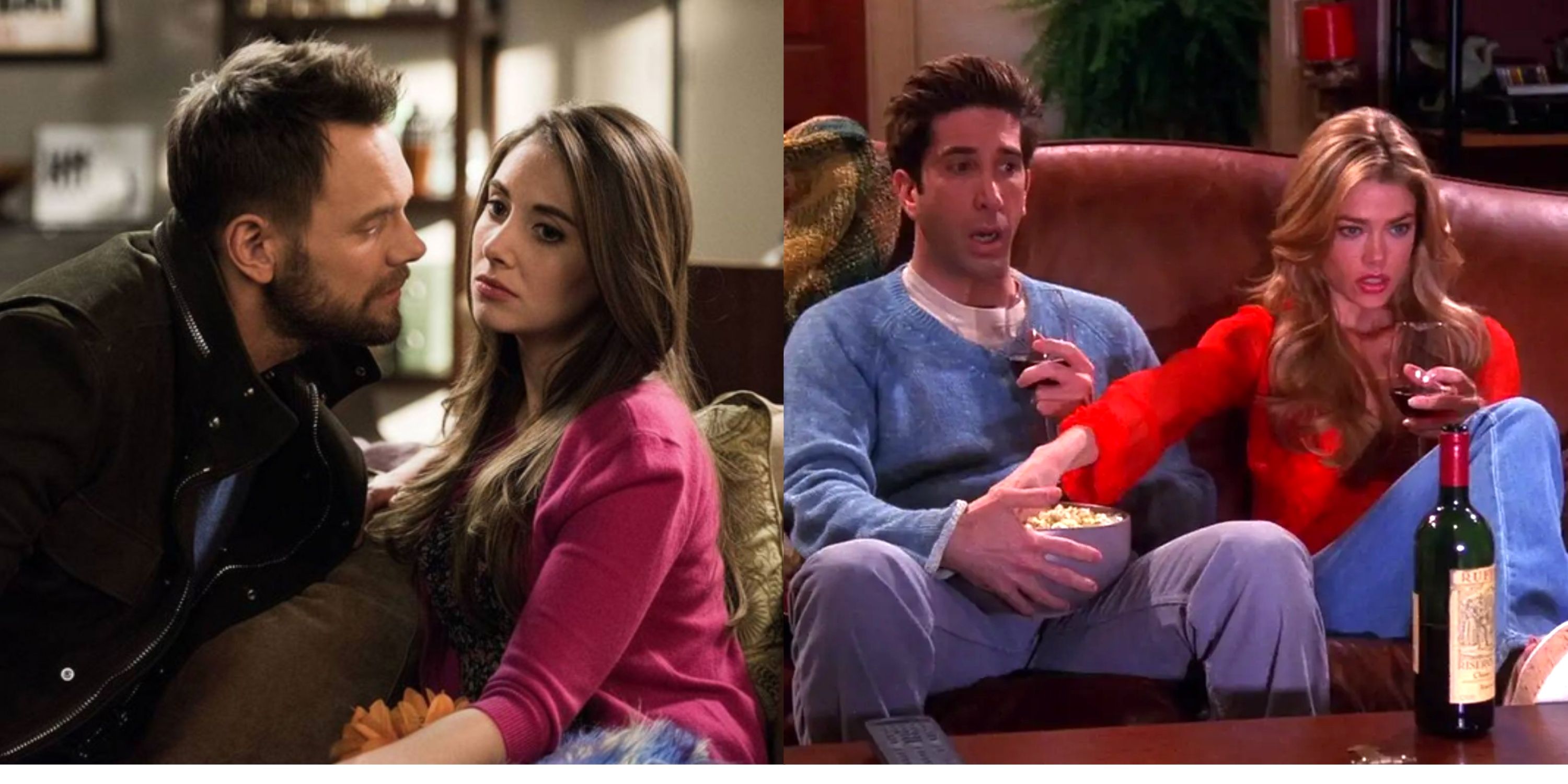 Split image of Jeff trying to kiss Annie in Community, and Ross and Cassie watching a movie in Friends.