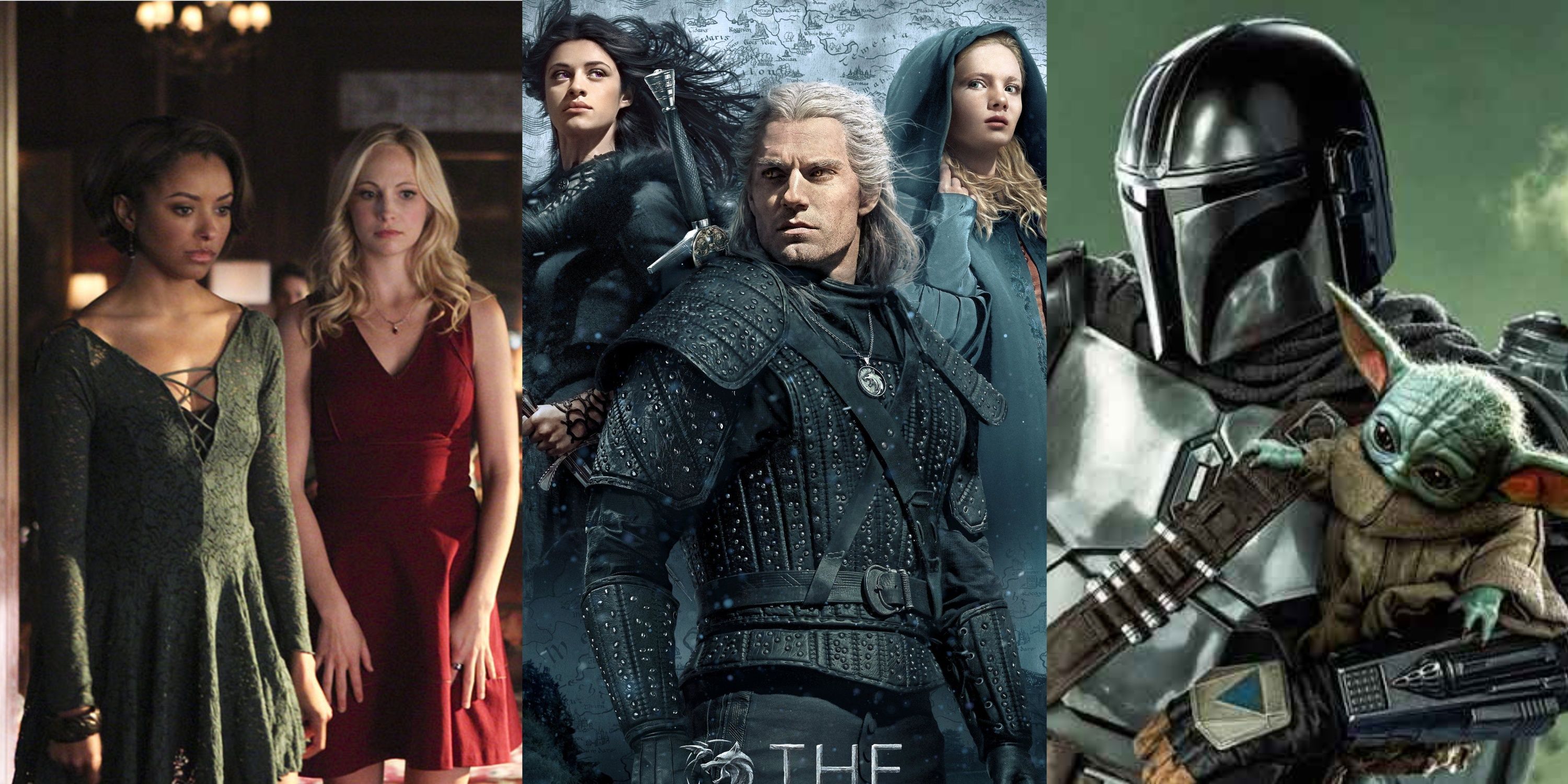 Split image of Bonnie and Caroline in TVD, Geralt, Ciri, Yen in The Witcher, and Djarin holding Grogu in Madalorian.