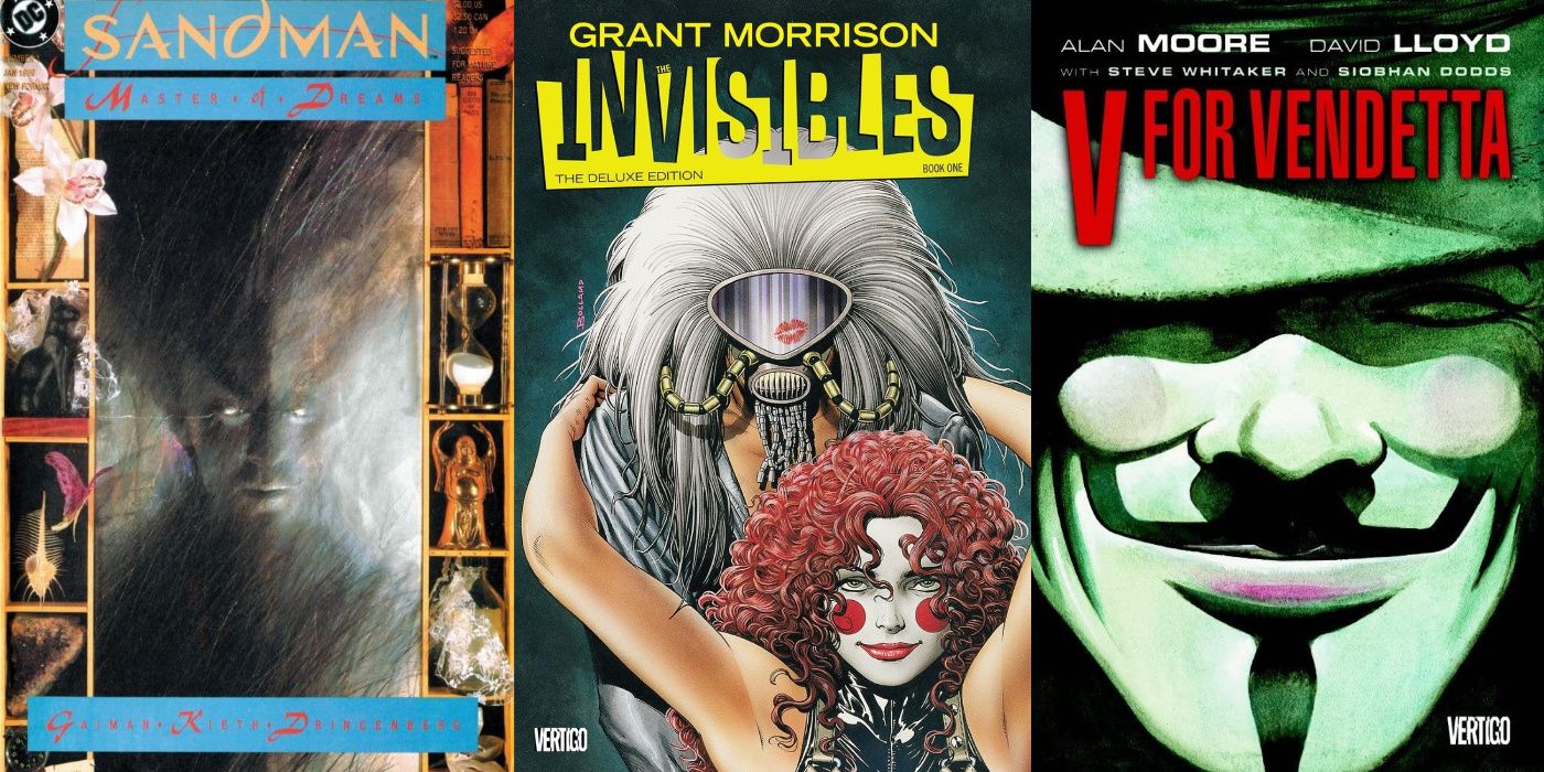 A split image of The Sandman, The Invisibles, And v For Vendetta from DC Comics