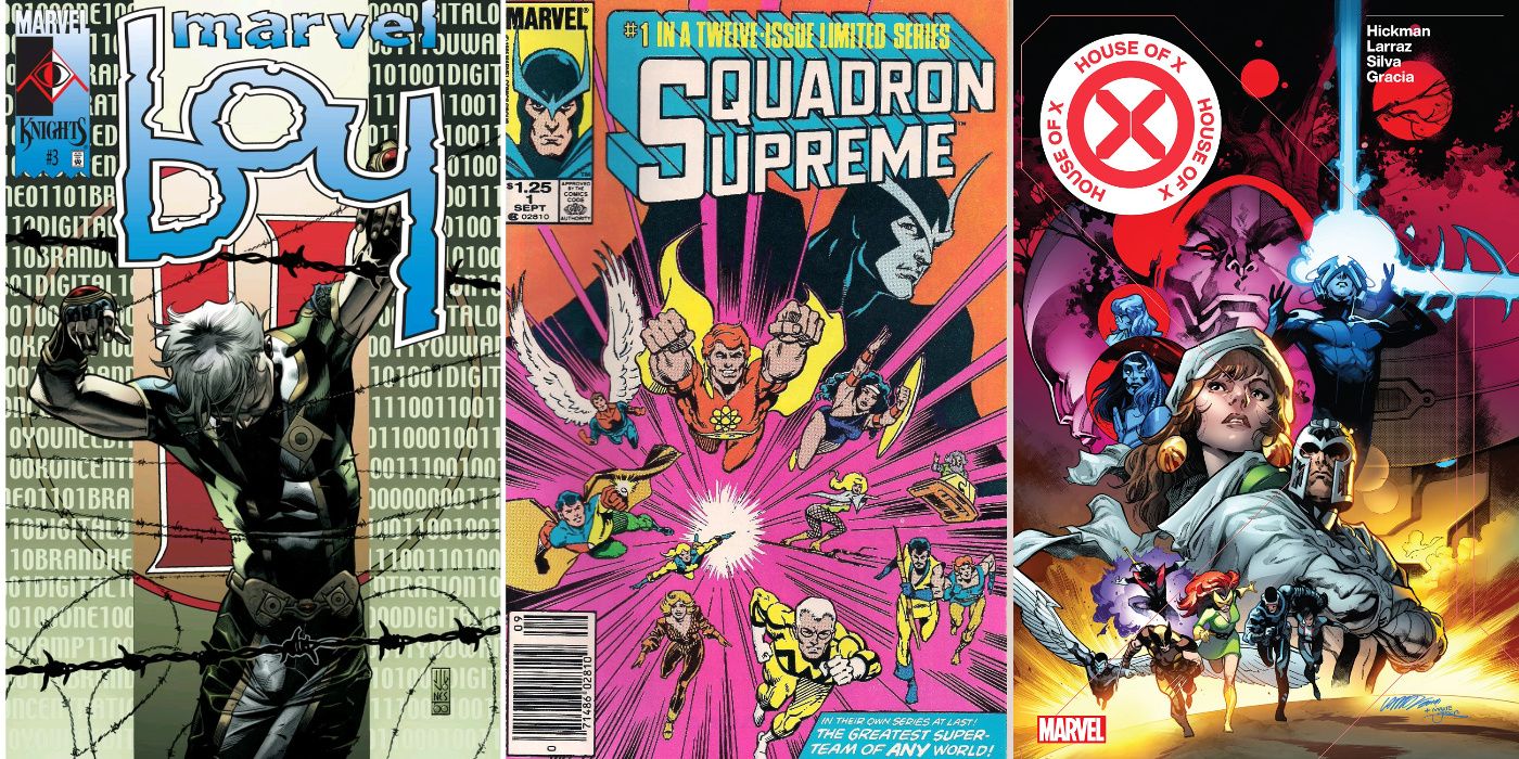 A split image of Marvel Boy (Vol. 2) #3, Squadron Supreme, and House Of X from Marvel Comics