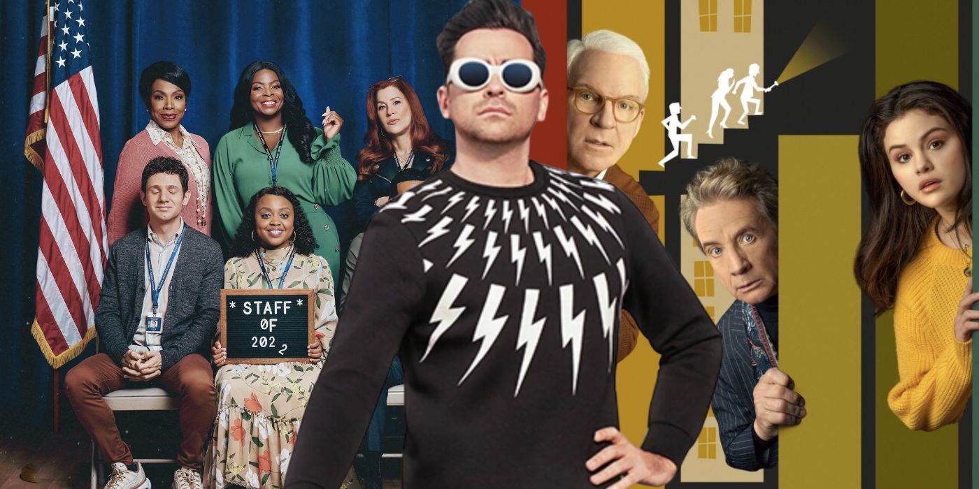 Collage of comedy shows in Hulu, Abbott Elementary, Schitt's Creek, and Only Murders in the Building