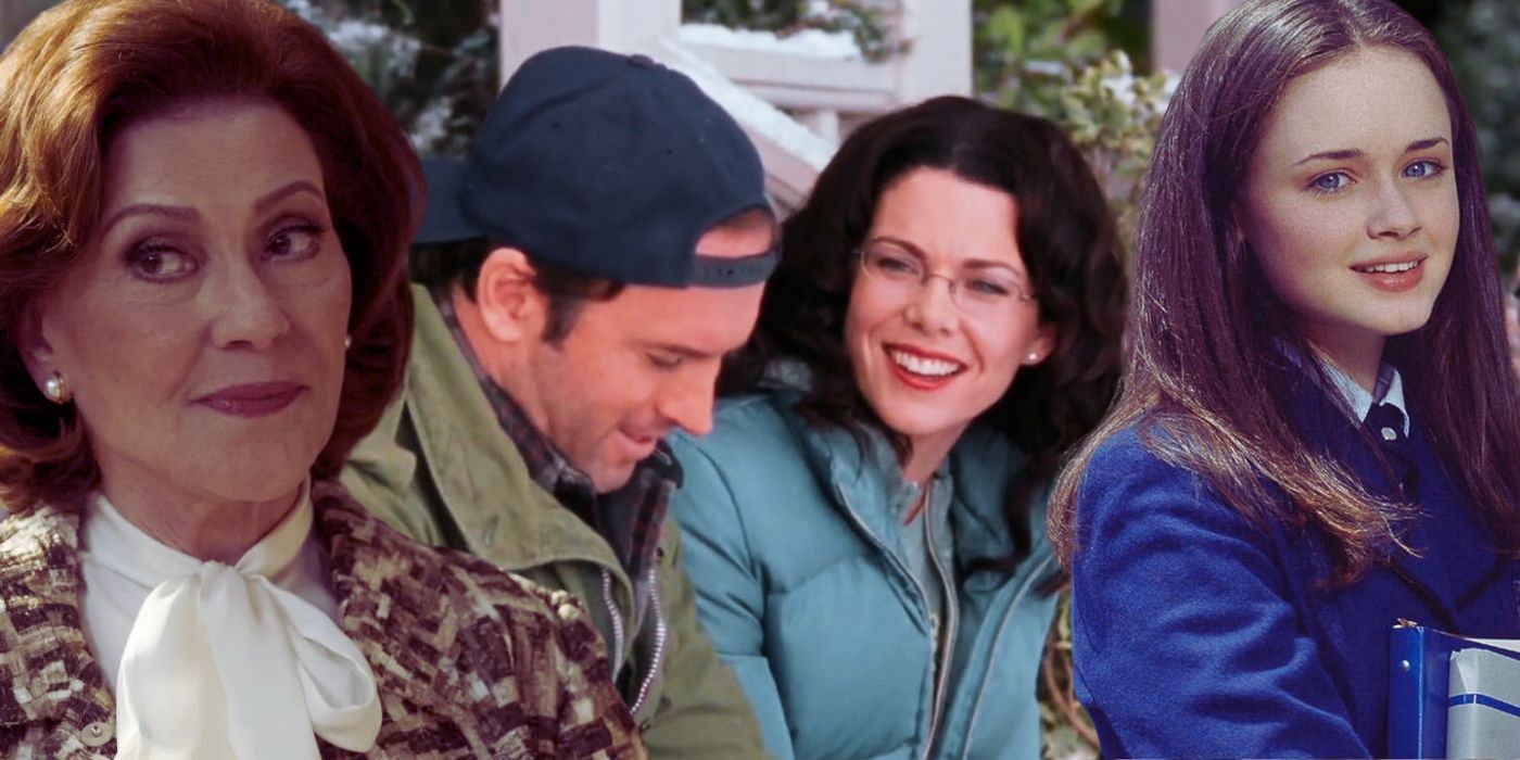 Collage of Emily Gilmore, Luke and Lorelai, and Rory in Gilmore Girls