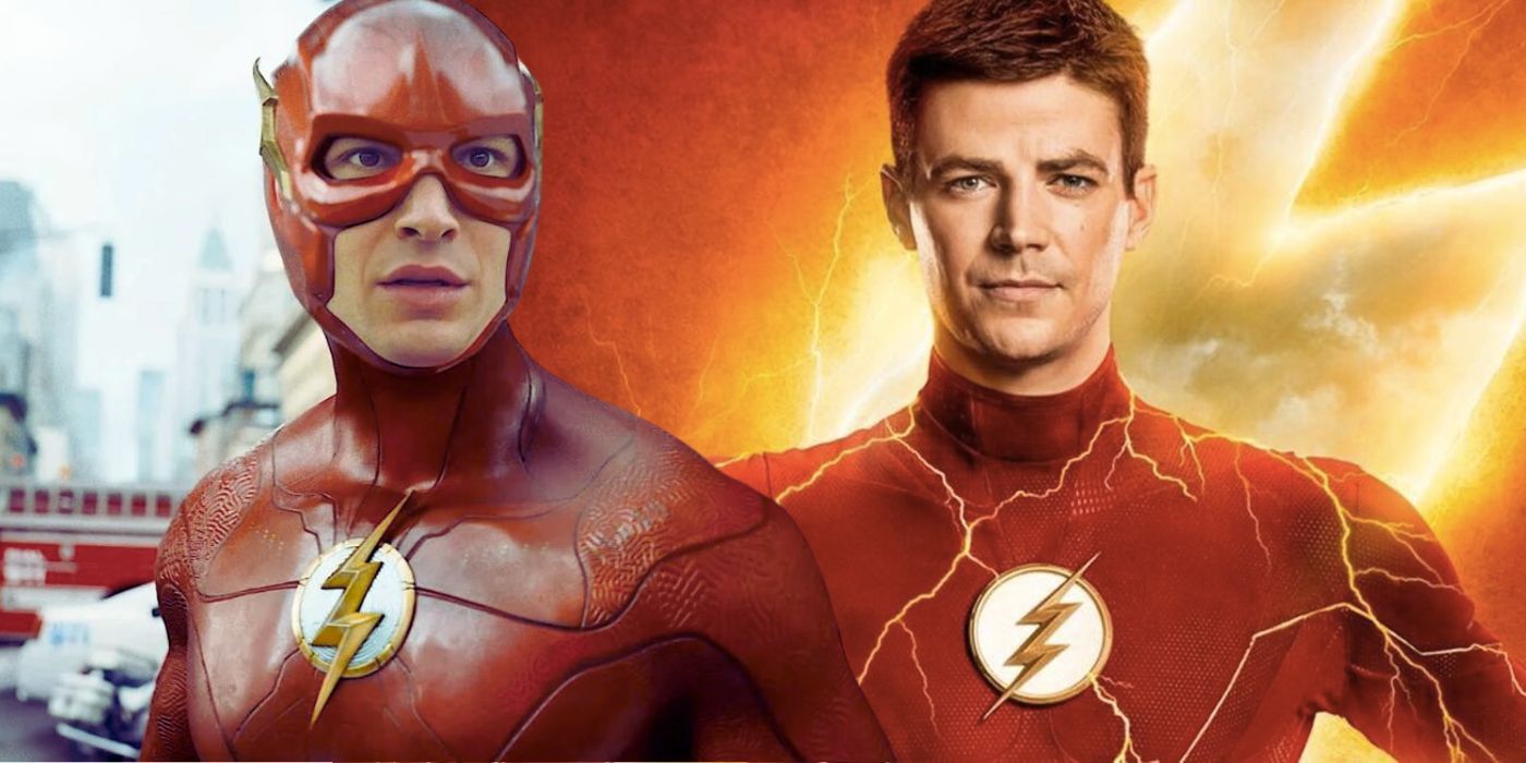 Colagem de Ezra Miller como Flash e Grant Gustin como Flash