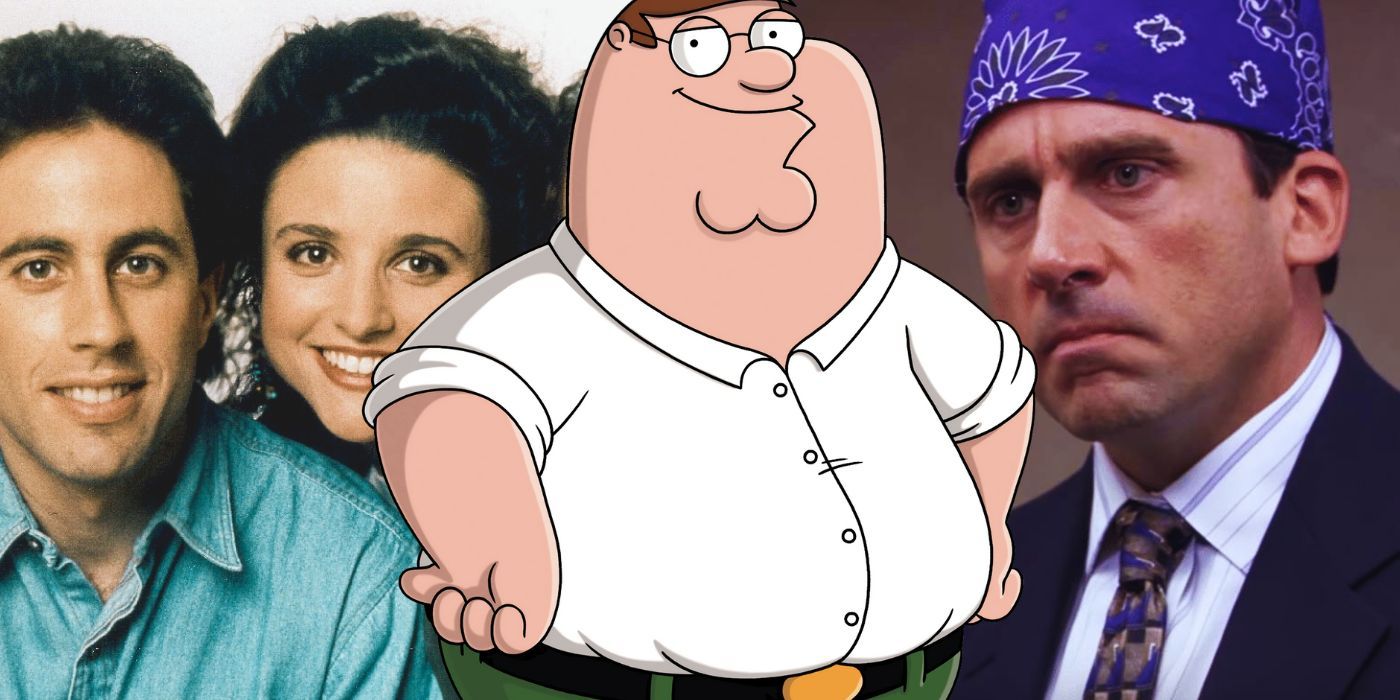 Collage of Jerry and Elaine in Seinfeld, Peter Griffin from Family Guy, and Michael Scott from The Office