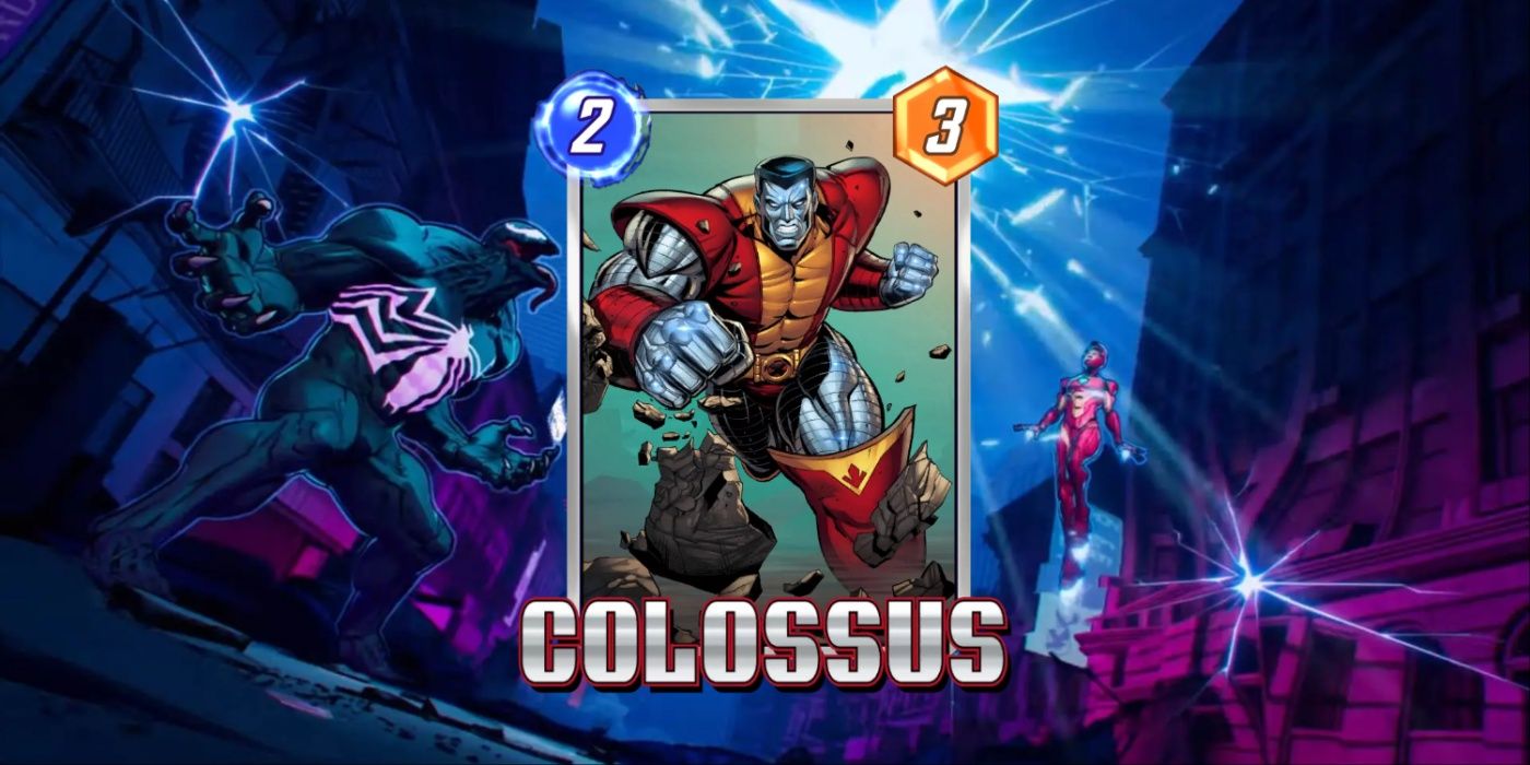 O cartão Marvel Snap de Colossus contra o fundo da arte promocional