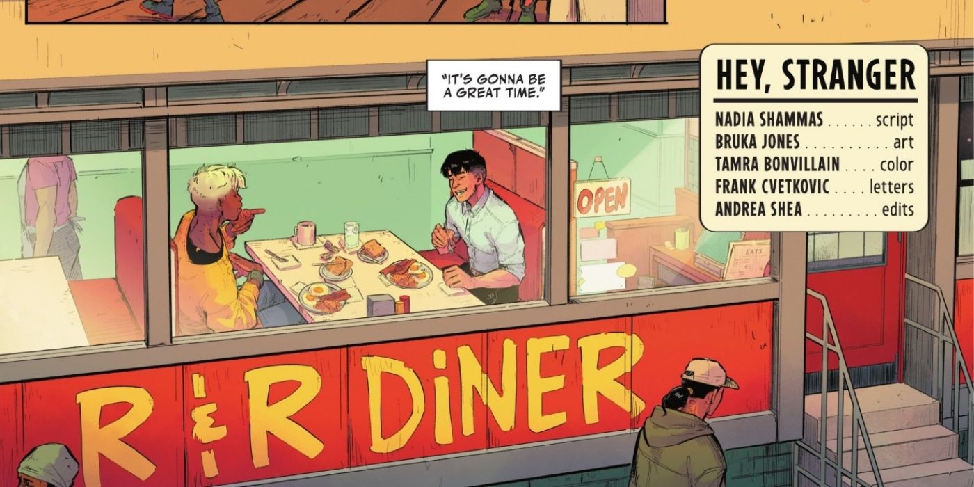 Connor Hawke e Tim Drake conversando em um restaurante.