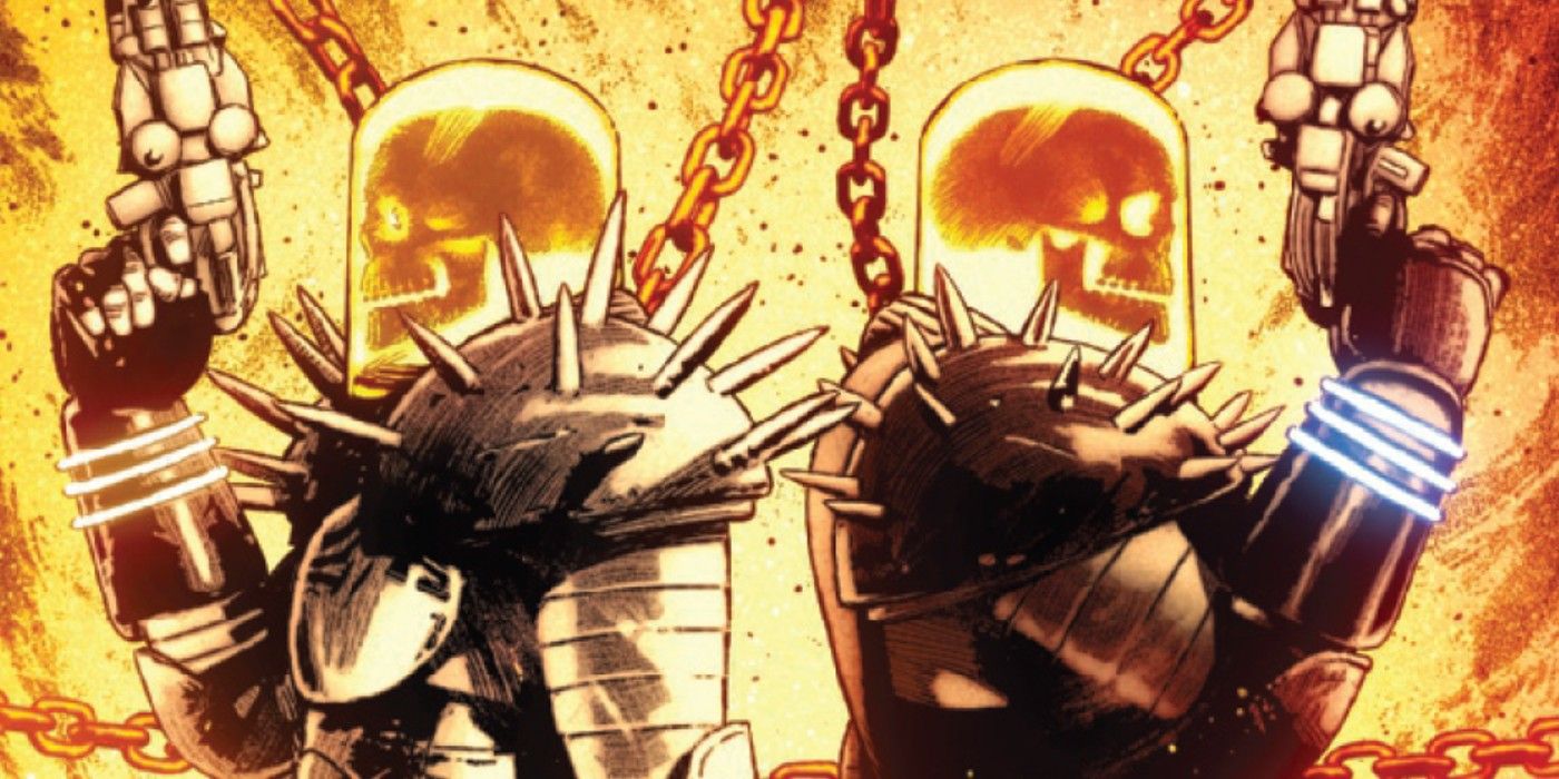 The two Cosmic Ghost Riders standing back to back with pistols.