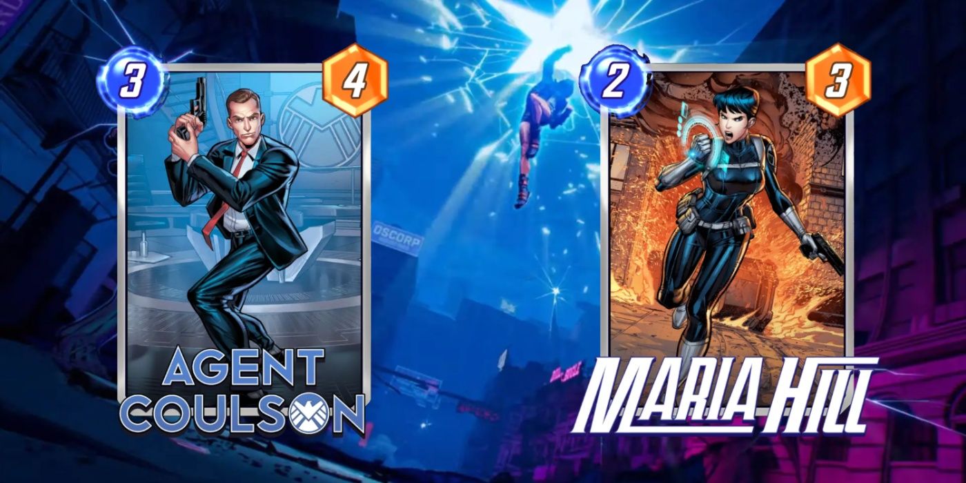 Cartões Marvel Snap do agente Coulson e Maria Hill contra o fundo da arte promocional