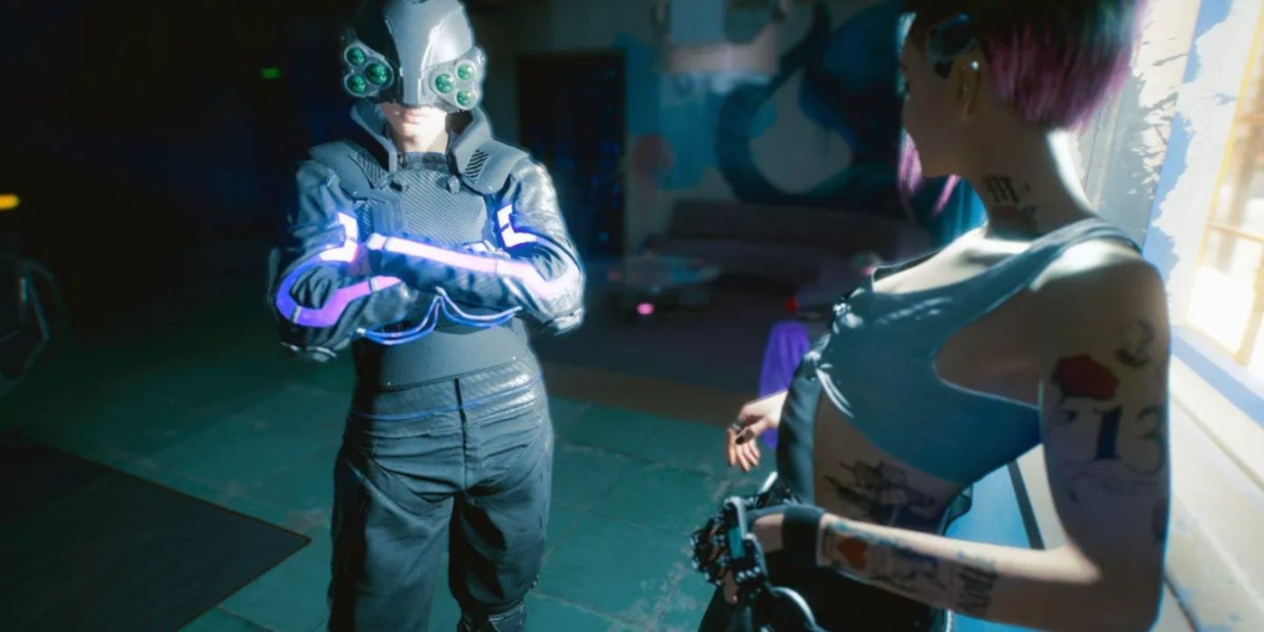 A MaxTac officer standing next to Judy Álvarez in Cyberpunk 2077.