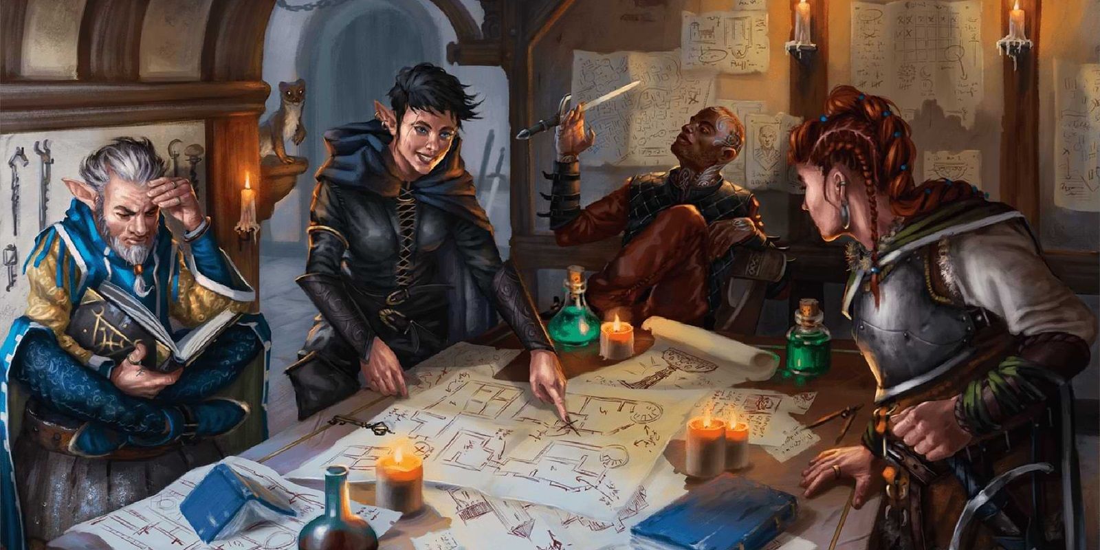 Uma festa de personagem de jogador de Dungeons and Dragons planejando em torno de uma mesa.