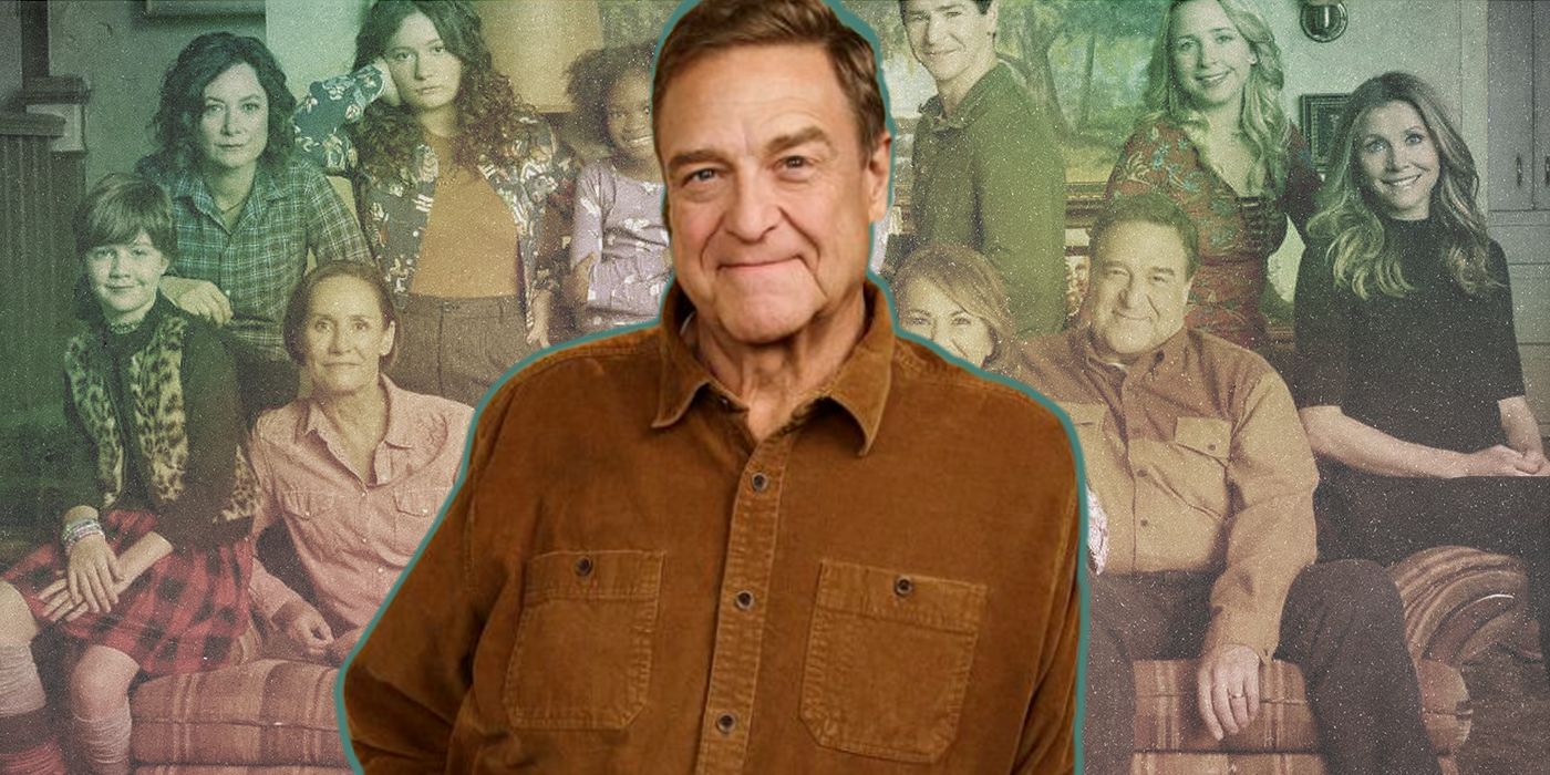 Dan Conner, played by John Goodman, in front of an image of The Conners cast