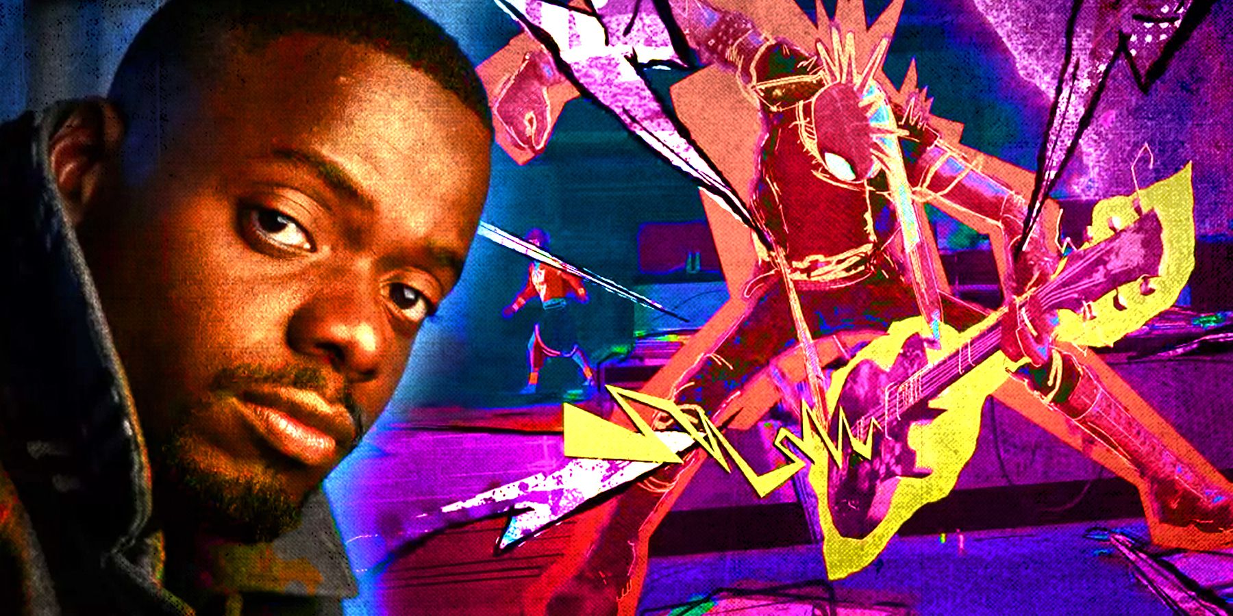 Daniel Kaluuya and Across the Spider-Verse's Spider-Punk playing guitar