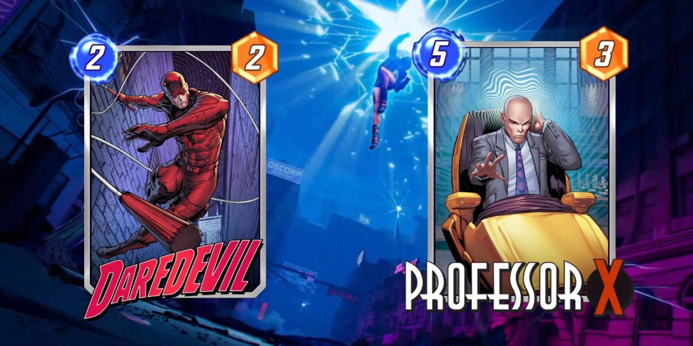 Cartões Marvel Snap do Demolidor e do Professor X contra o fundo da arte promocional