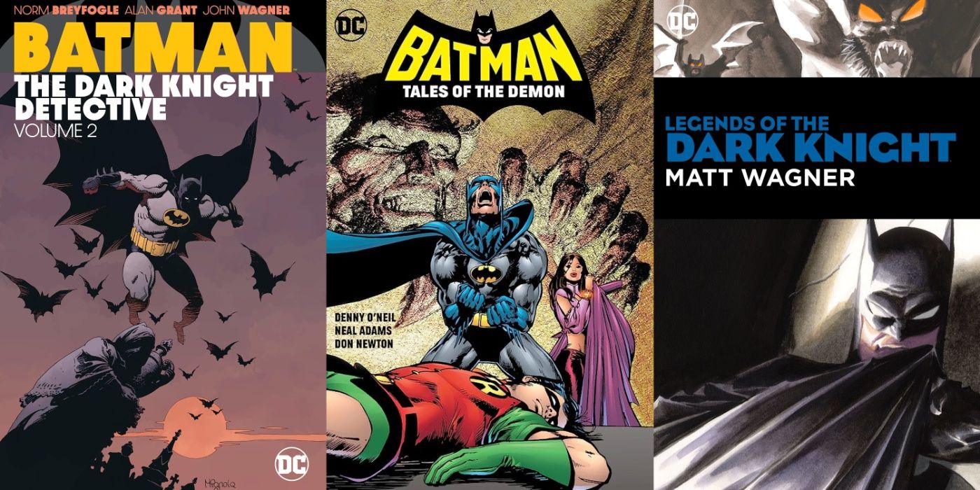 Split image of The Dark Knight Detective, Tales of the Demon, and Legends of the Dark Knight cover art.