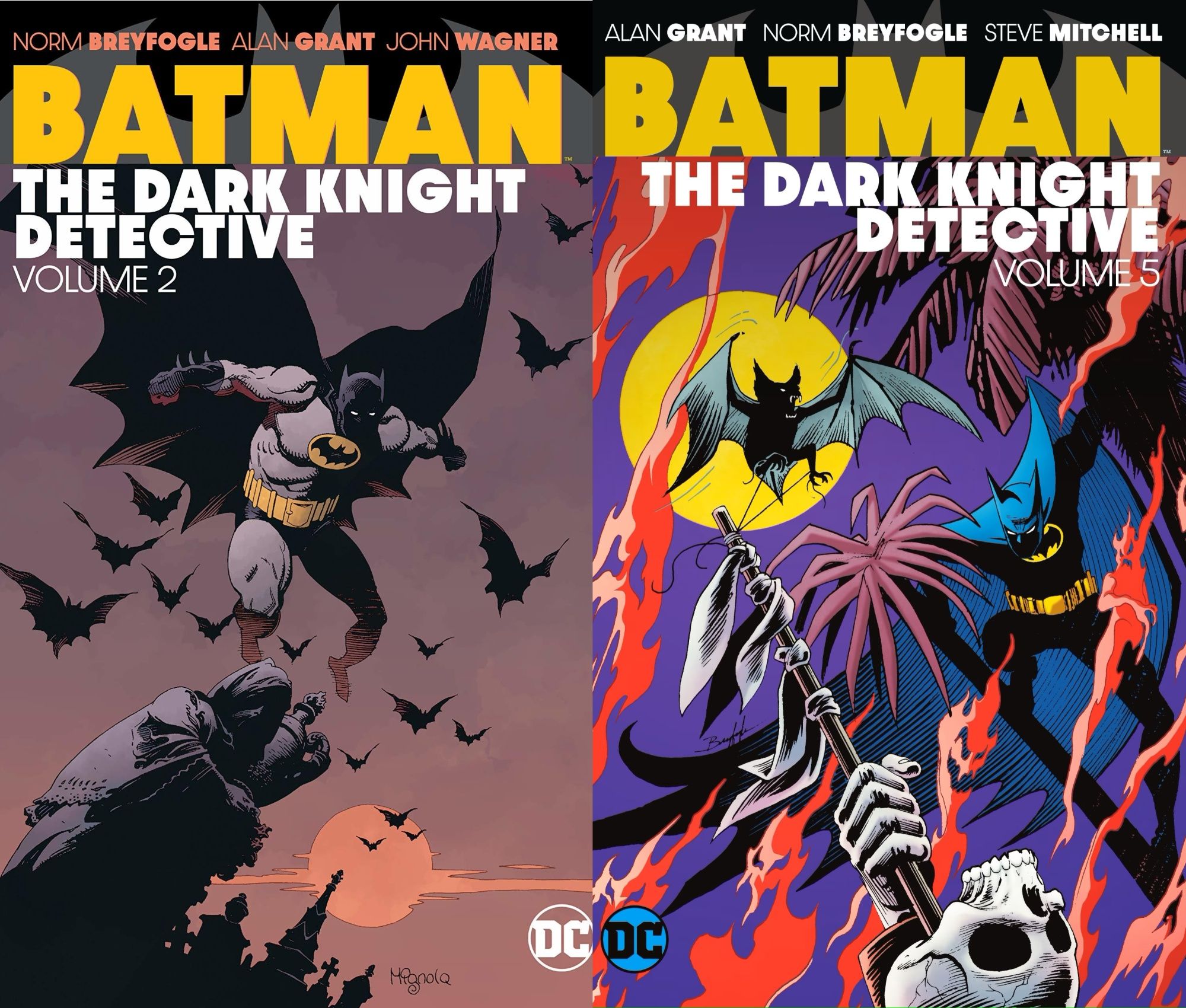 Batman in cover art for The Dark Knight Detective volumes 2 and 5.