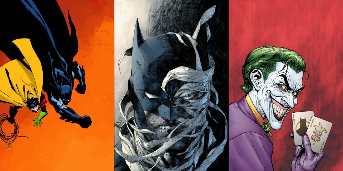 Split image of cover art for Batman: Dark Victory, Hush, and The Man Who Laughs.