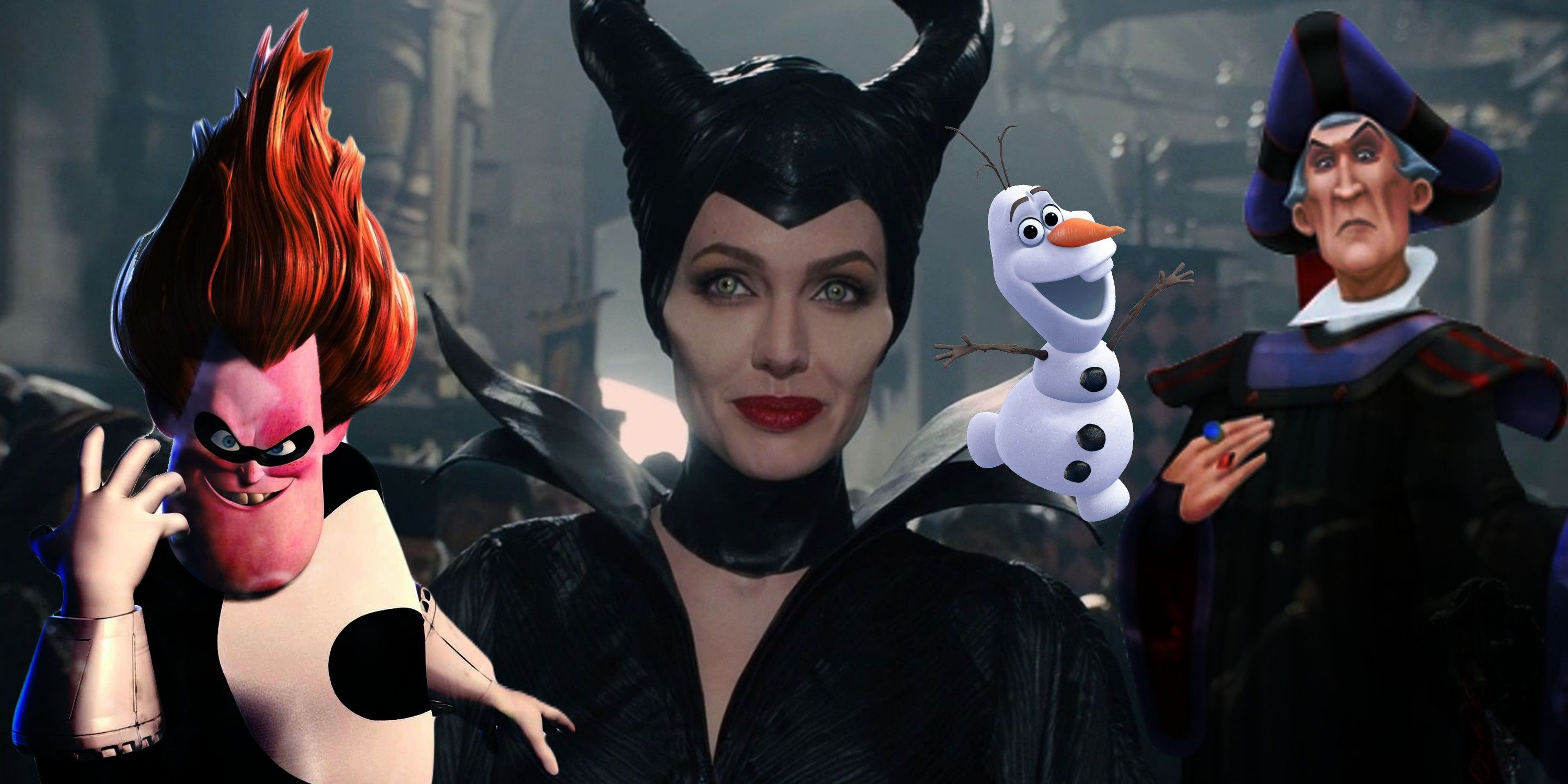 Image of Syndrome (The Incredibles), Maleficent, Olaf (Frozen) and Frollo (Hunchback of Notre Dame)