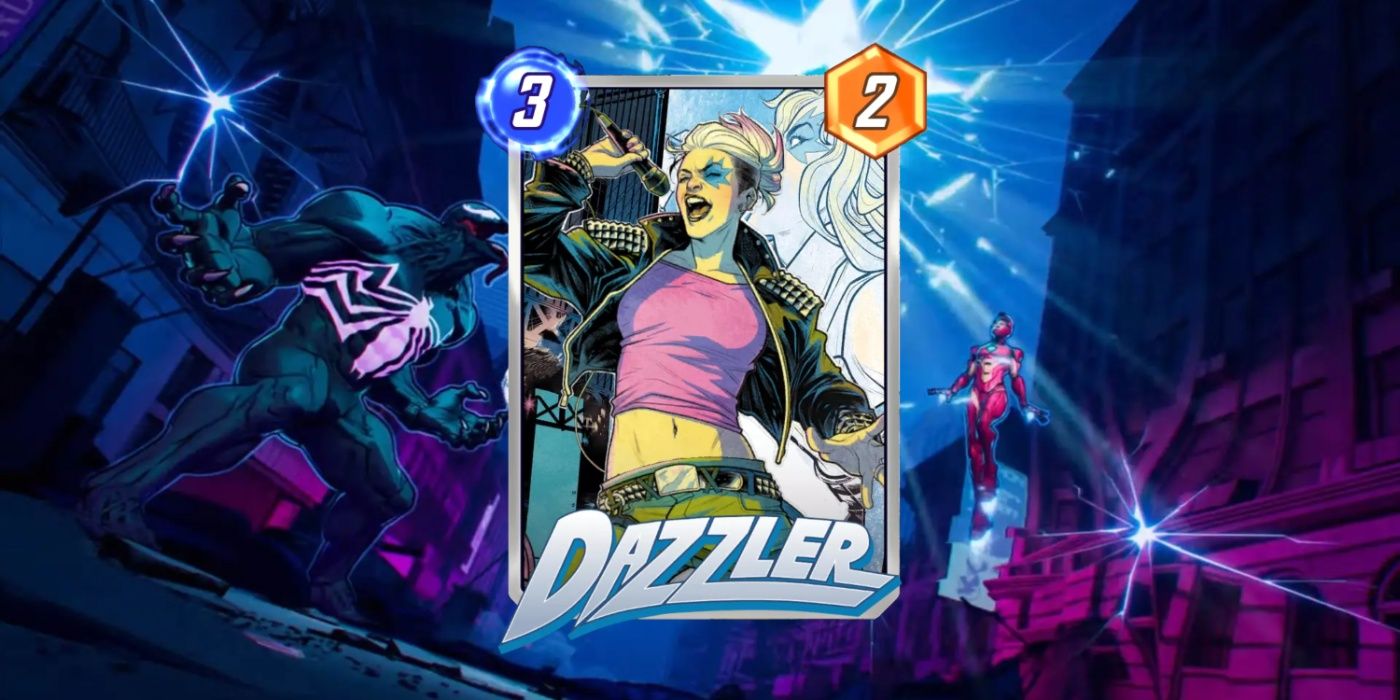 Cartão variante raro do Dazzler contra um fundo de arte promocional do Marvel Snap