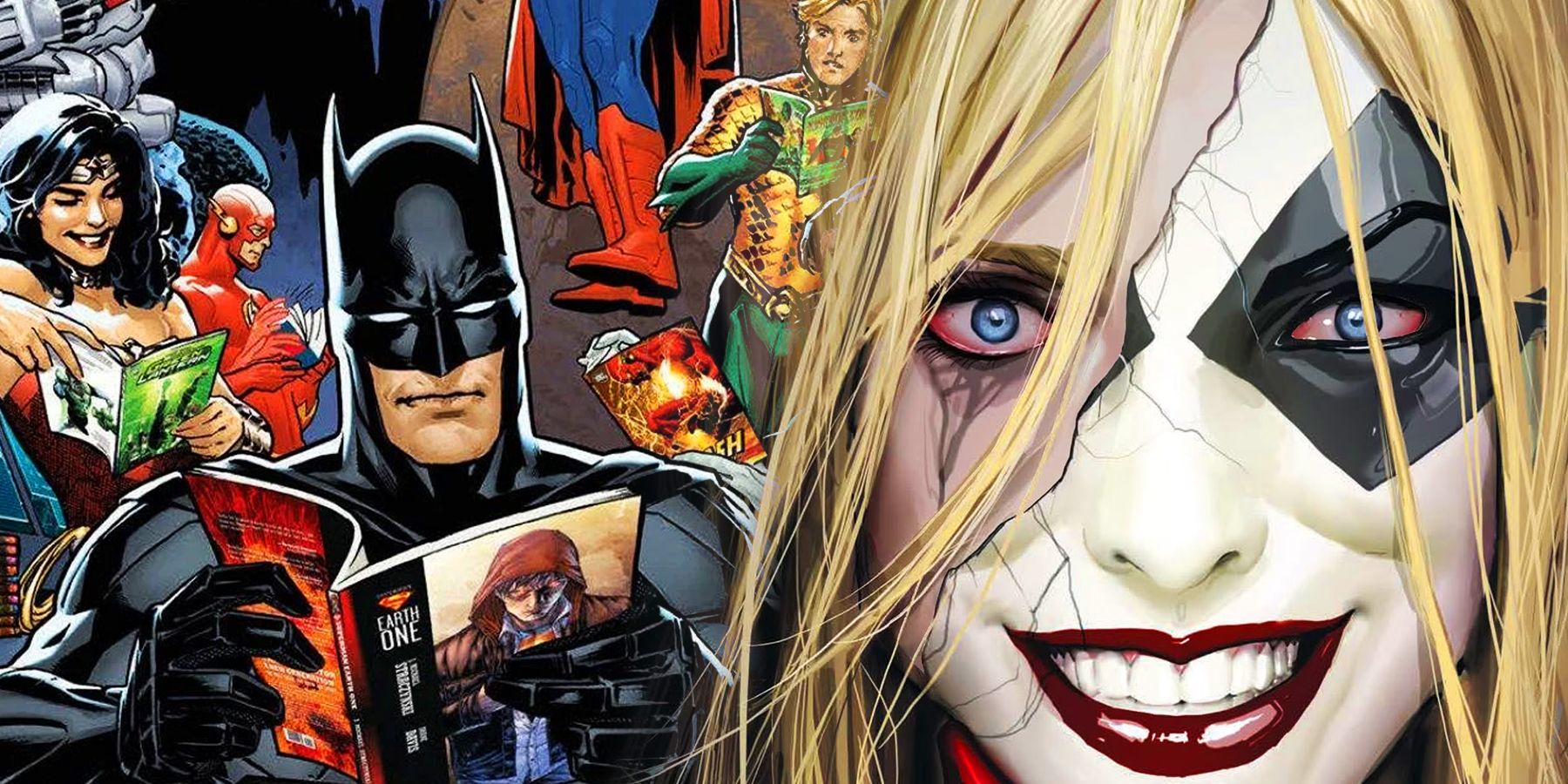 Batman, Wonder Woman, the Flash and Aquaman reading comics from DC Comics and Harley Quinn from DC Black Label's comic Harleen